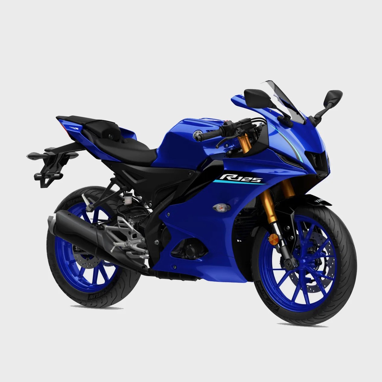 Blue Yamaha R125 sport motorcycle with black seat and gold front forks on a white background.