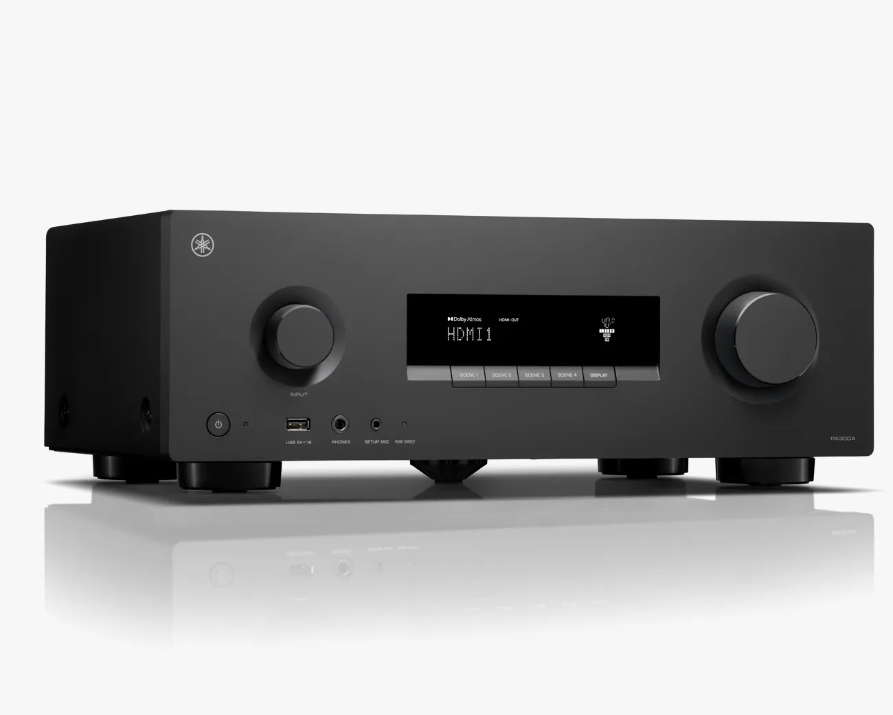Black Yamaha RX-V6A AV receiver with digital display, input and volume knobs, and front USB and headphone ports.