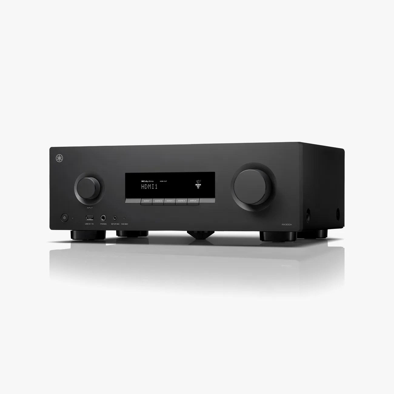 Black Yamaha RX-300A AV receiver with digital display and control knobs on a white reflective surface.
