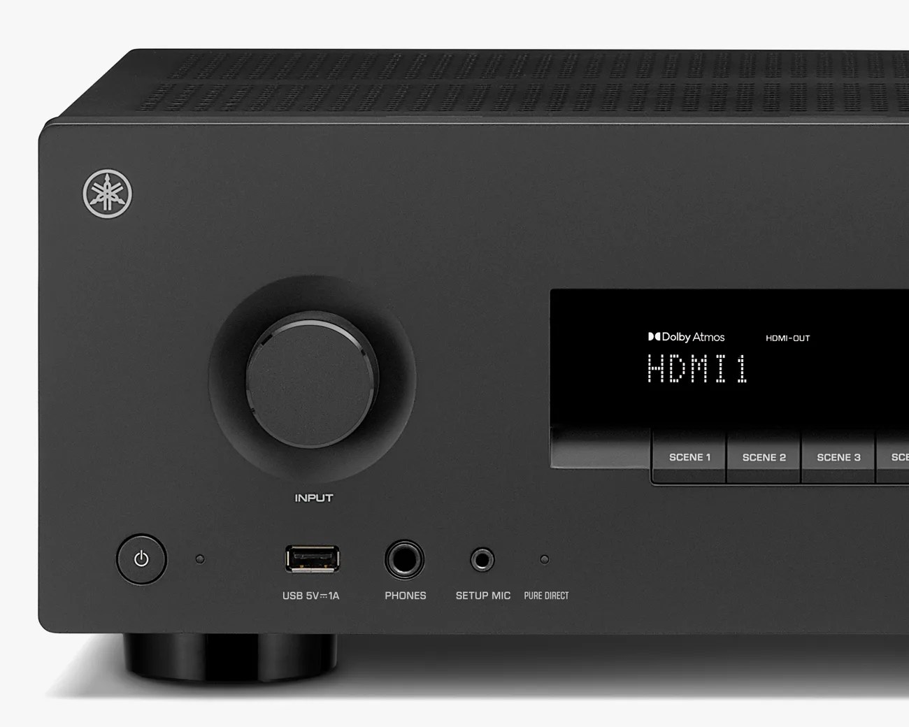 Black Yamaha audio receiver with input knob, USB port, headphone jack, setup mic port, and digital display showing "HDMI 1".