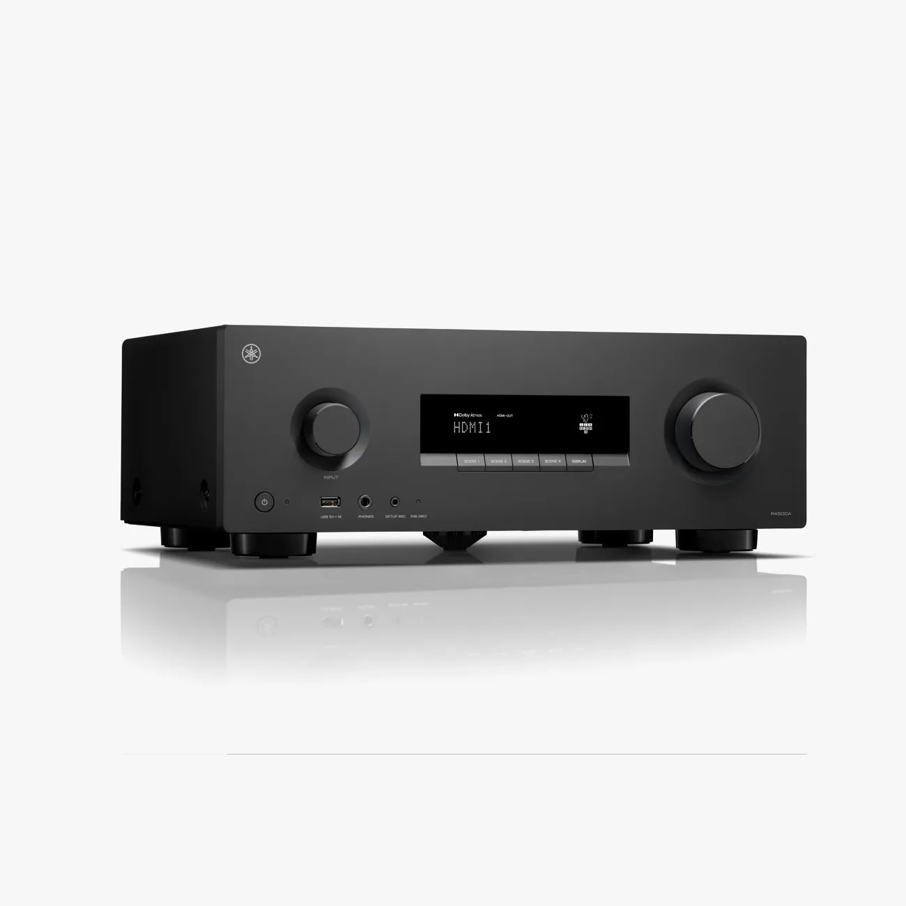 Black Yamaha RX-S600A AV receiver with digital display and control knobs on a white reflective surface.