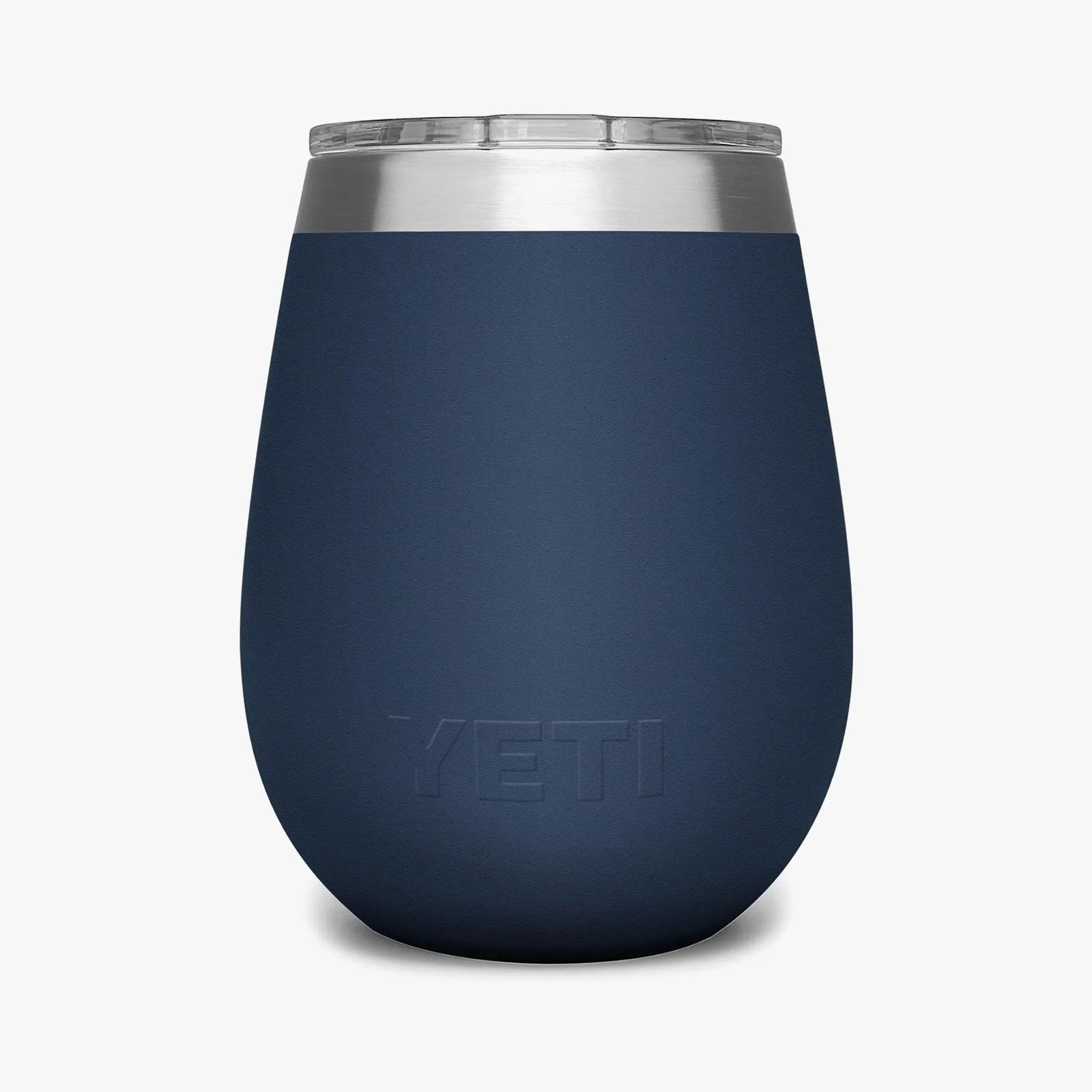 Navy blue YETI insulated tumbler with stainless steel rim and clear lid.