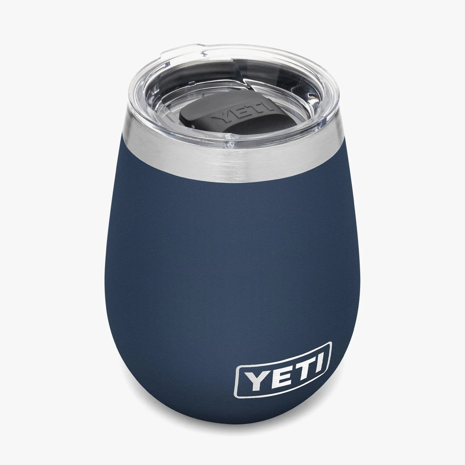 Navy blue YETI insulated tumbler with clear plastic lid and stainless steel rim.