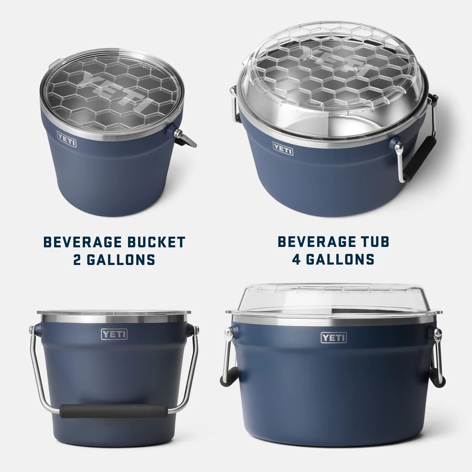 Two blue YETI beverage containers with clear hexagonal-patterned lids, labeled 2-gallon bucket and 4-gallon tub.