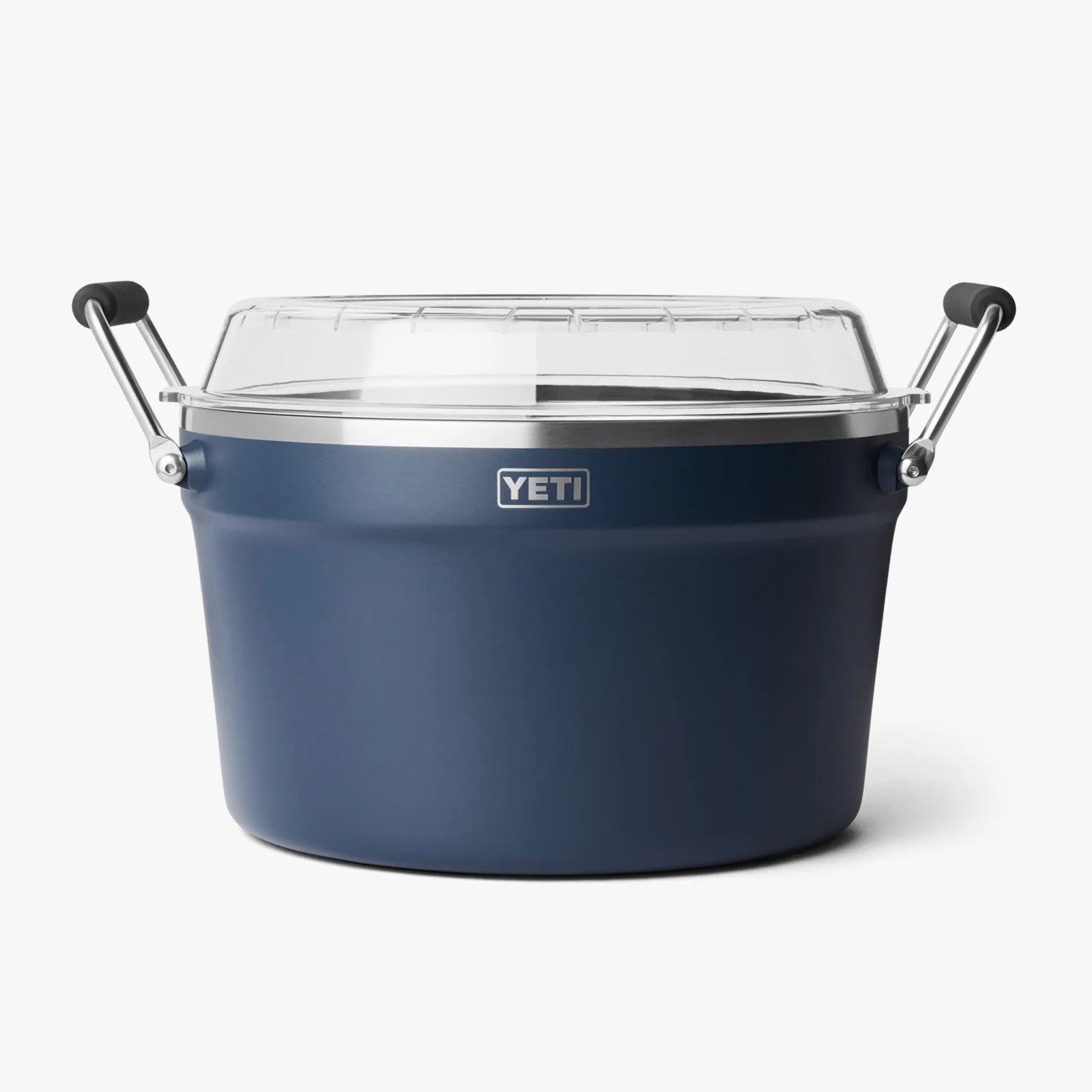 Blue YETI cooler bucket with metal handles and a clear plastic lid.