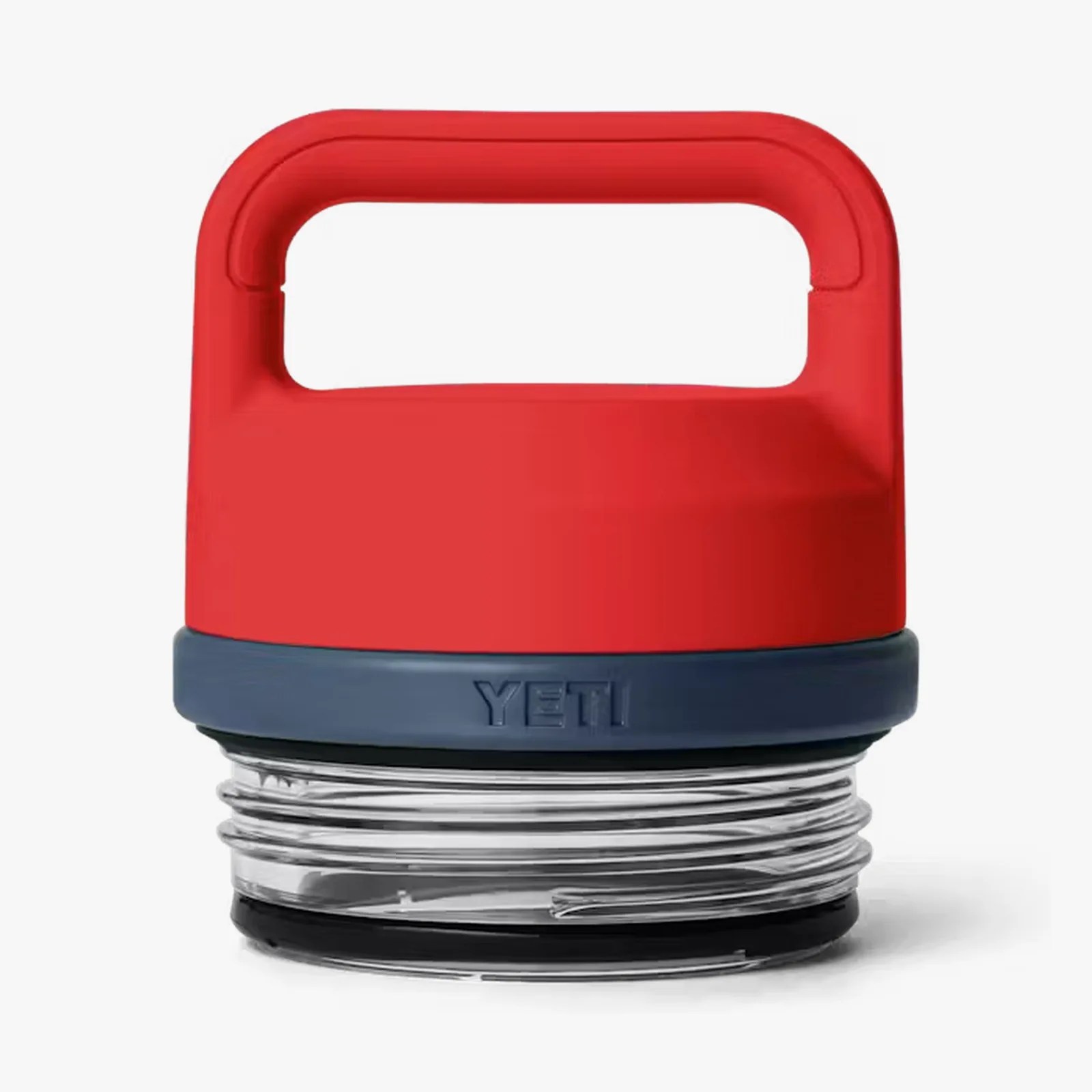 Red plastic handle lid with navy blue YETI logo band and clear screw threads below.