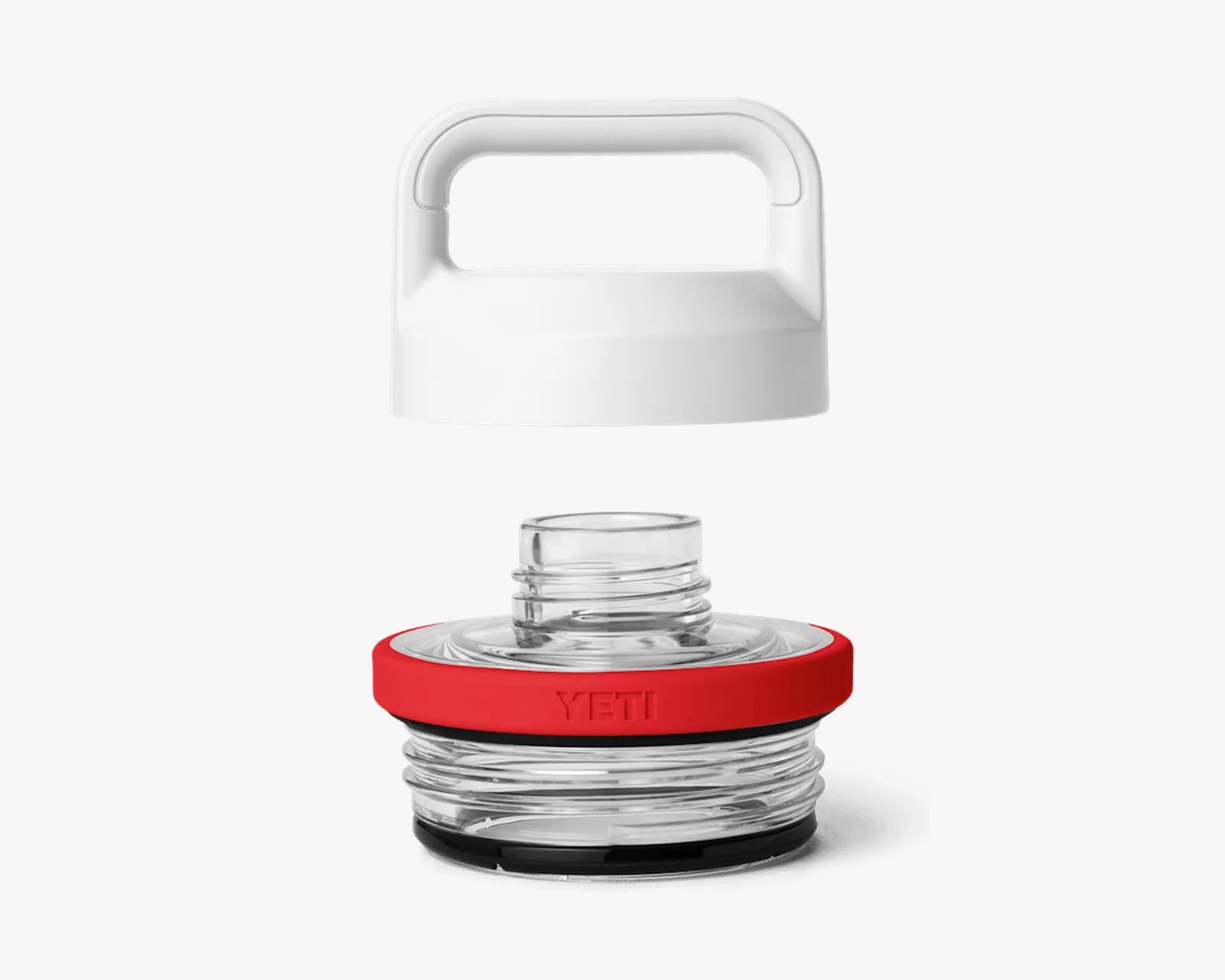 Clear YETI bottle neck with red silicone ring and detached white handle cap above it.