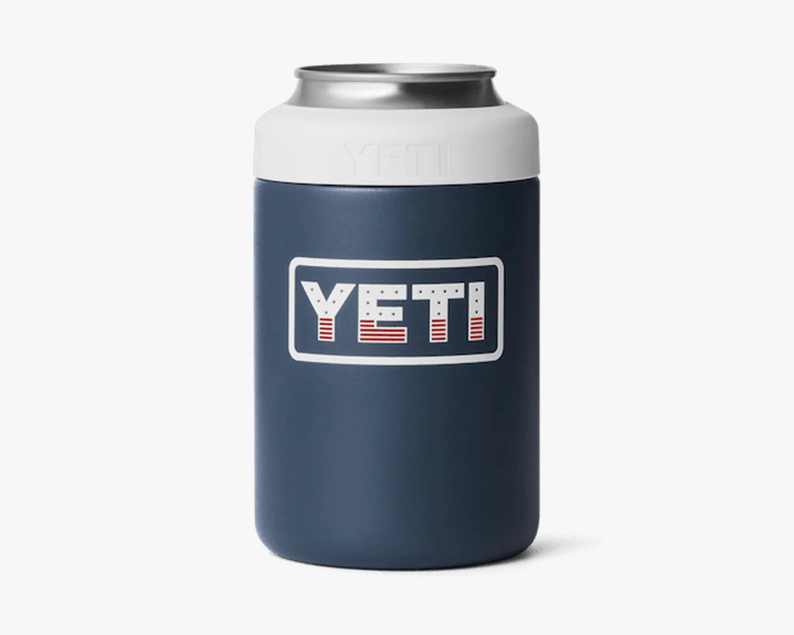 Blue YETI can cooler with white top and red-striped logo on a white background.