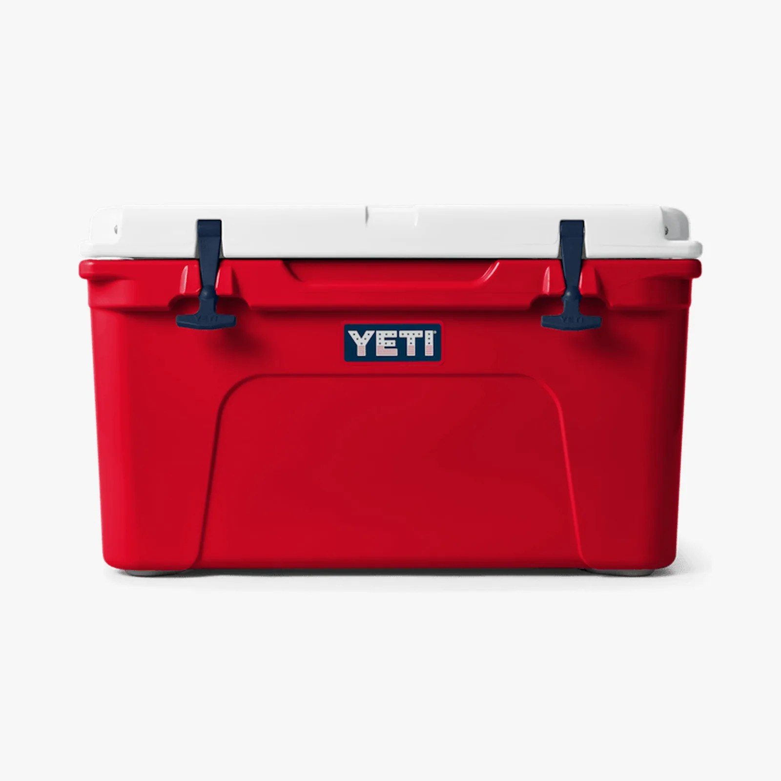 Red YETI cooler with white lid and navy blue latches on a white background.