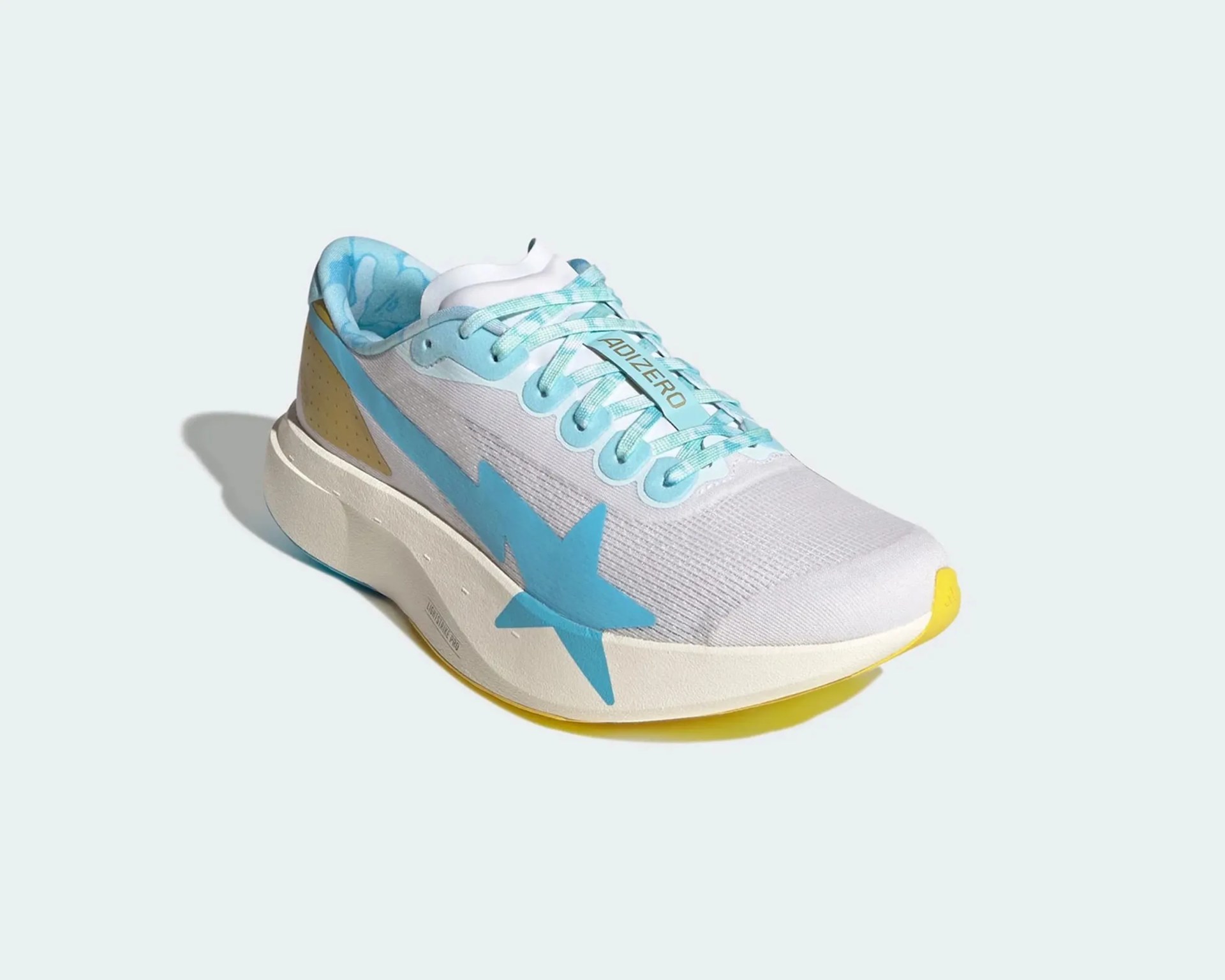 White and light blue Adidas Adizero running shoe with yellow accents and a star design on the side.
