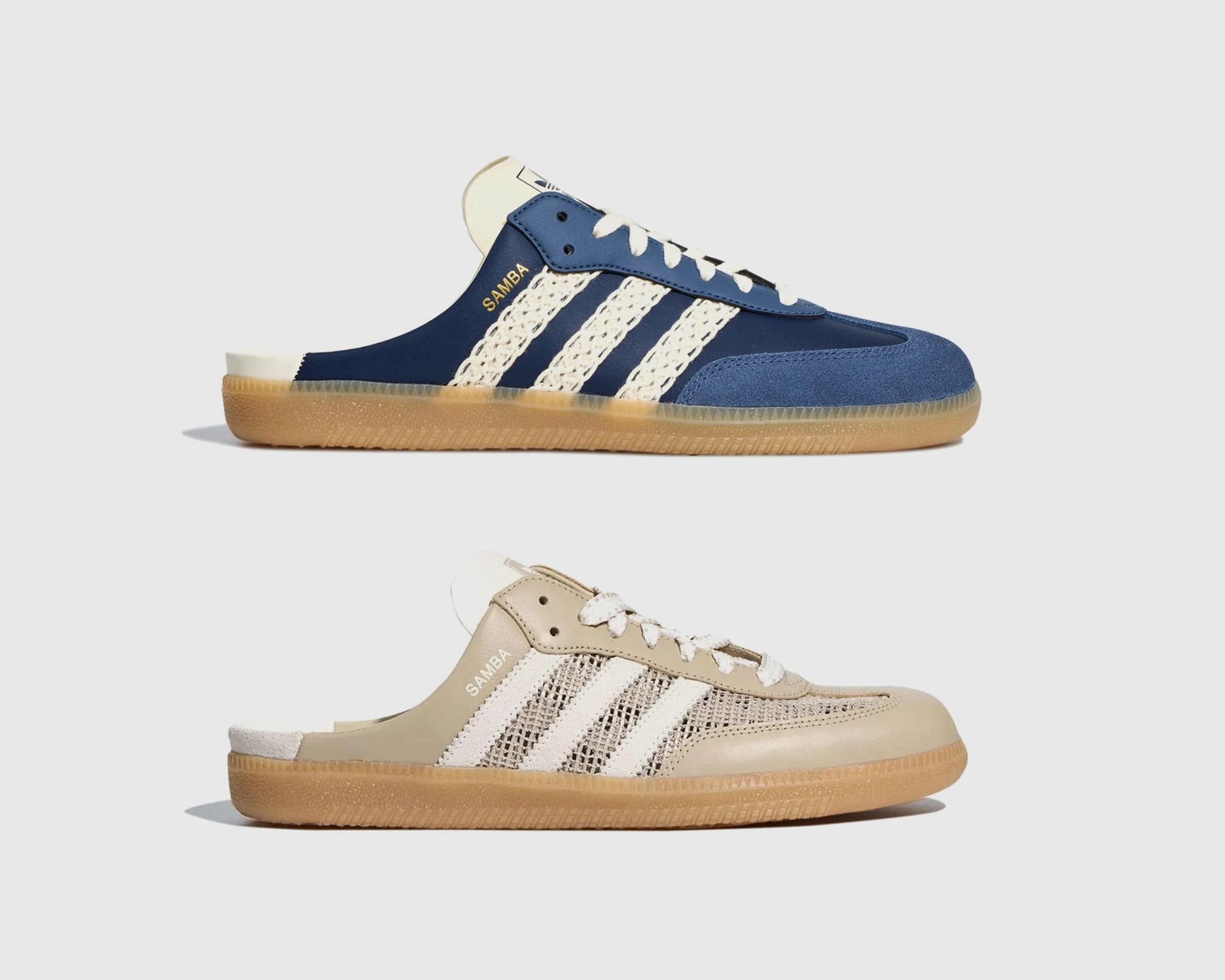Blue Adidas Samba mule sneaker with white laces, woven white stripes, and gum sole.