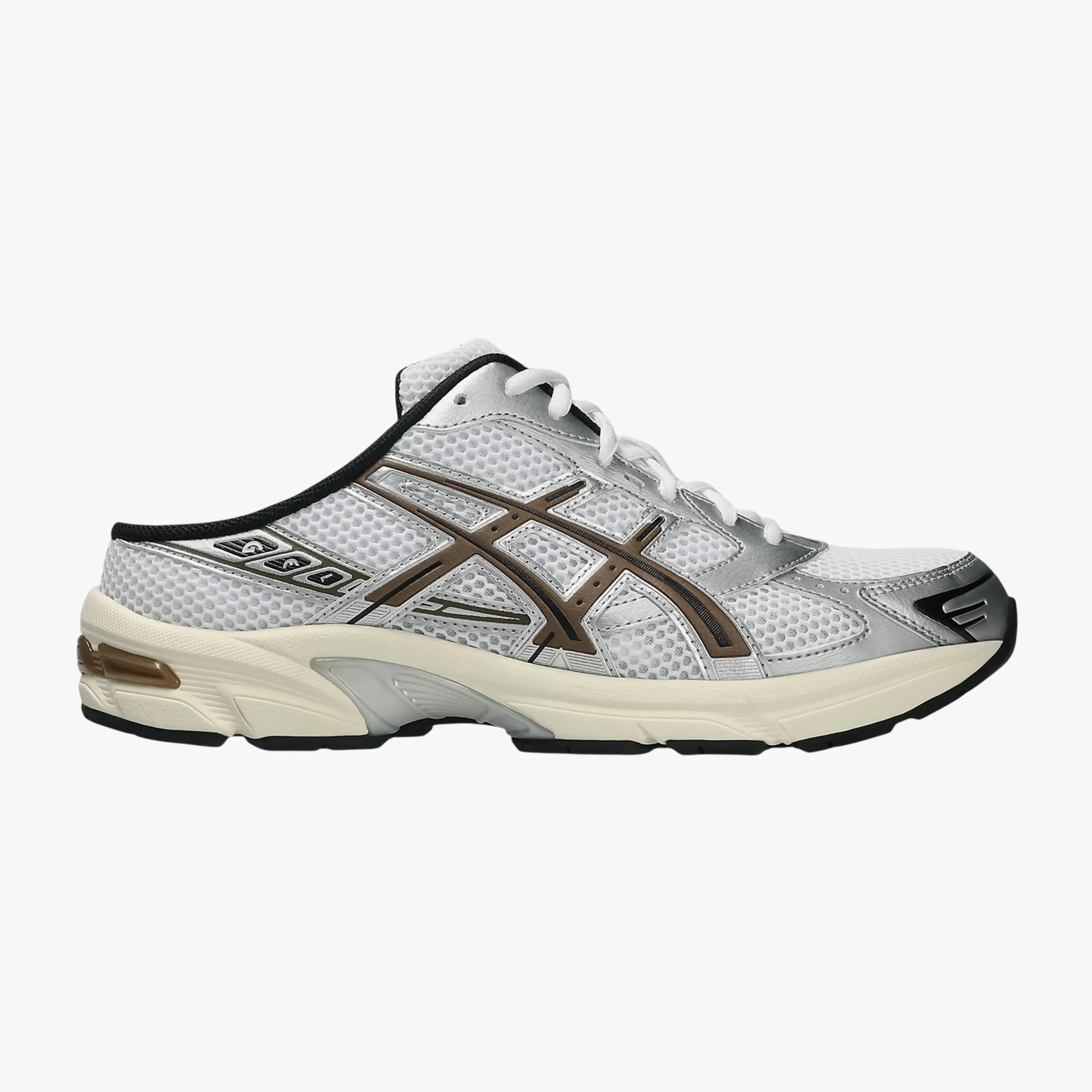 White and silver mesh slip-on sneaker with brown and black accents and a beige sole.