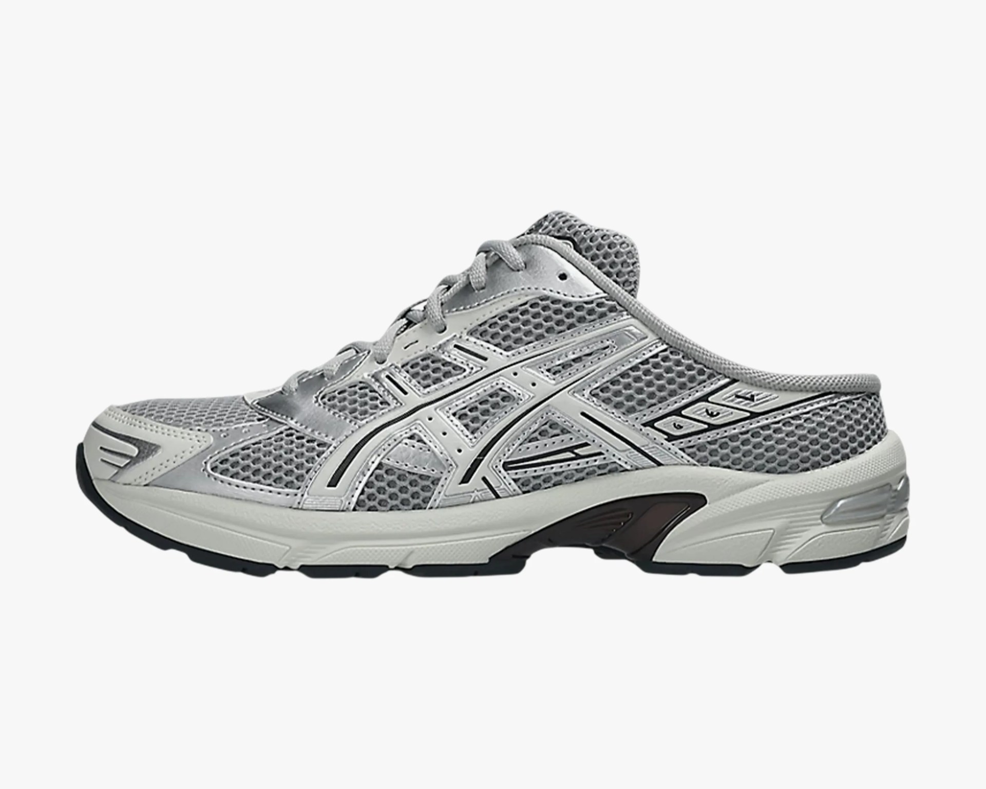 Gray mesh and synthetic slip-on sneaker with white and black sole and lace-up front.