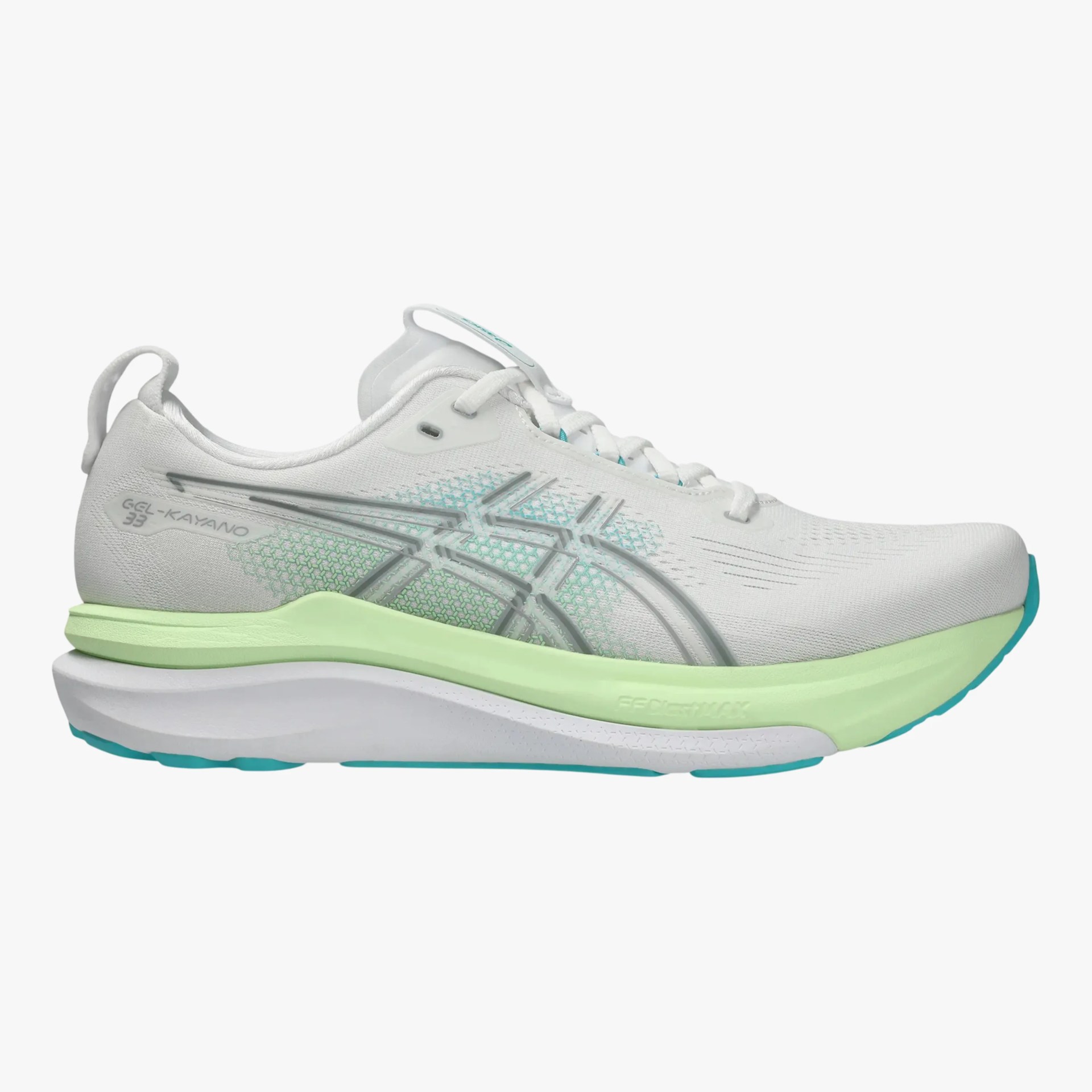 White and light green ASICS GEL-Kayano 33 running shoe with teal accents and a cushioned sole.