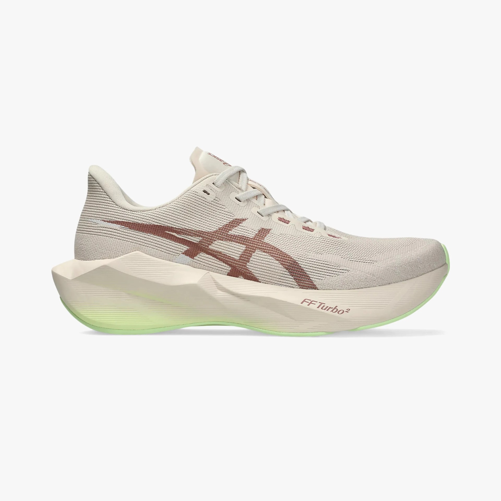 Beige and brown Asics running shoe with a thick sole and light green outsole.