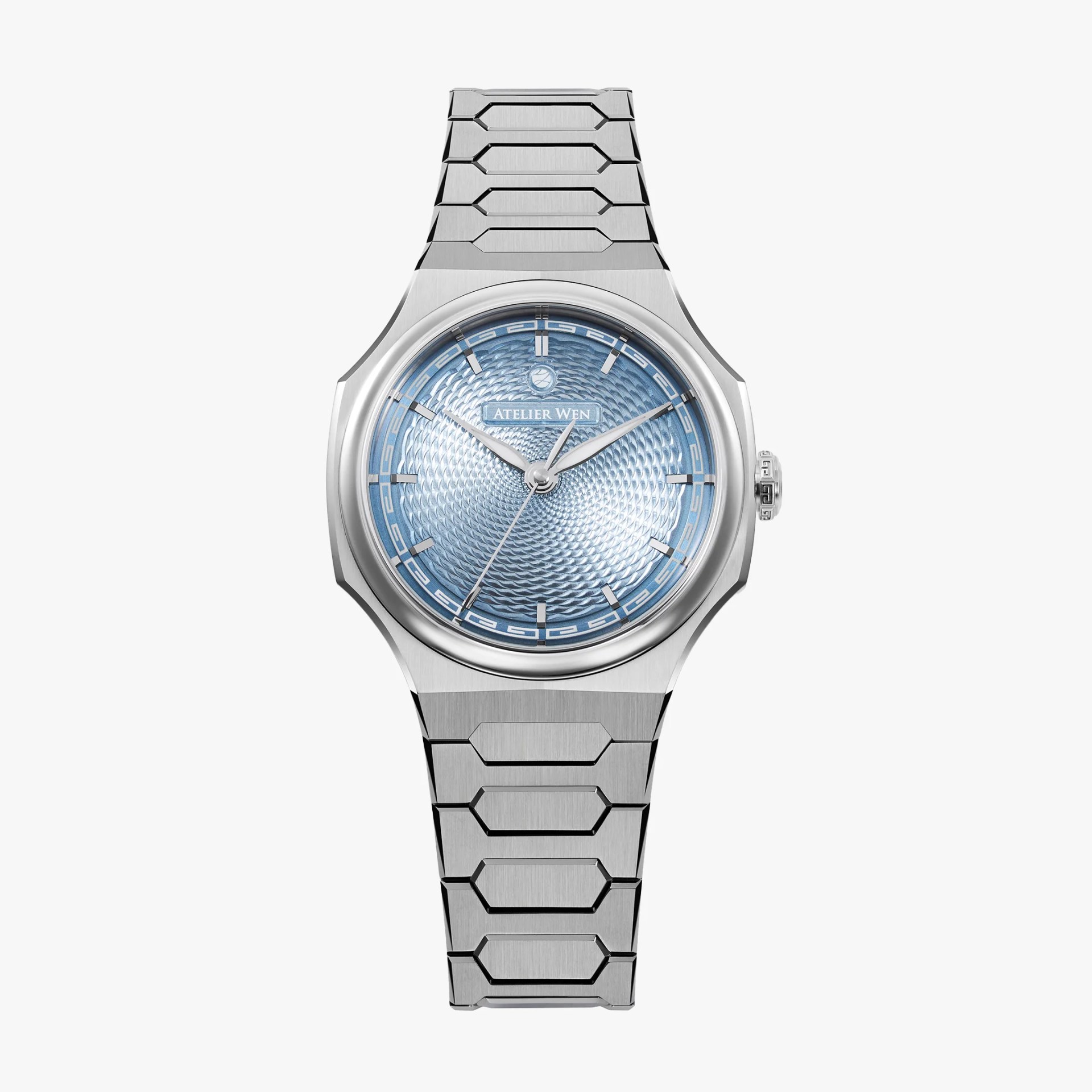 Stainless steel wristwatch with a textured light blue dial and integrated metal bracelet.