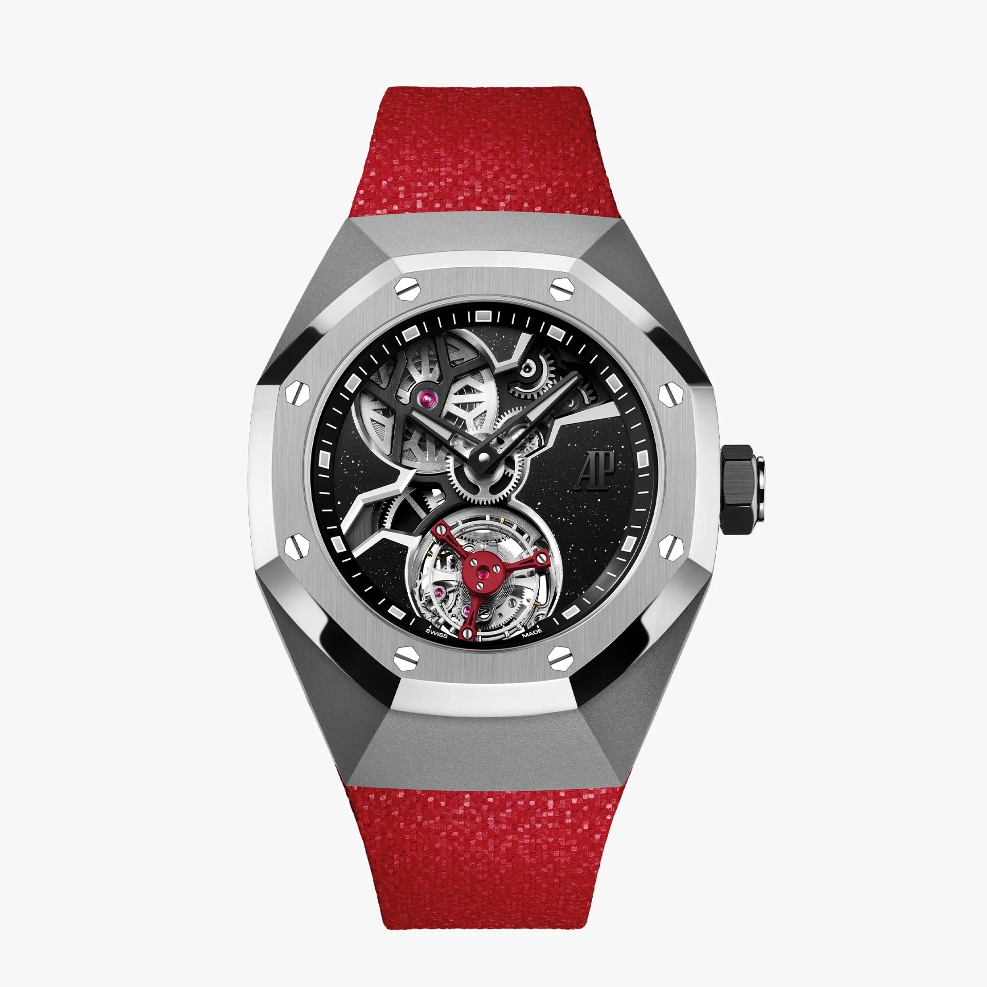 Silver octagonal watch case with visible gears and black dial, red textured strap.