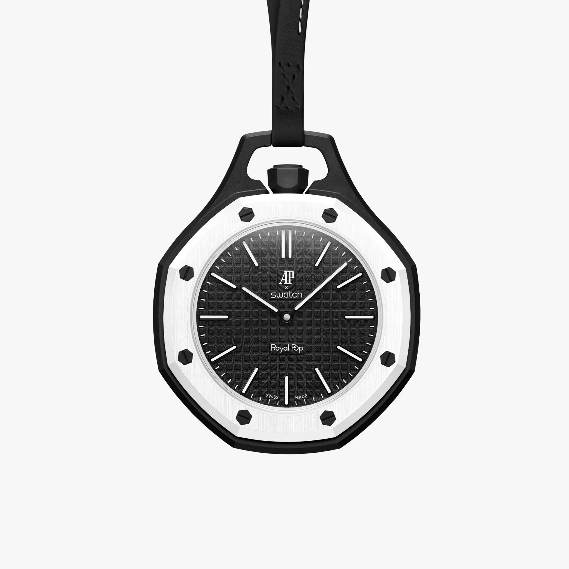Black and silver octagonal watch face with textured dial and black leather strap loop.