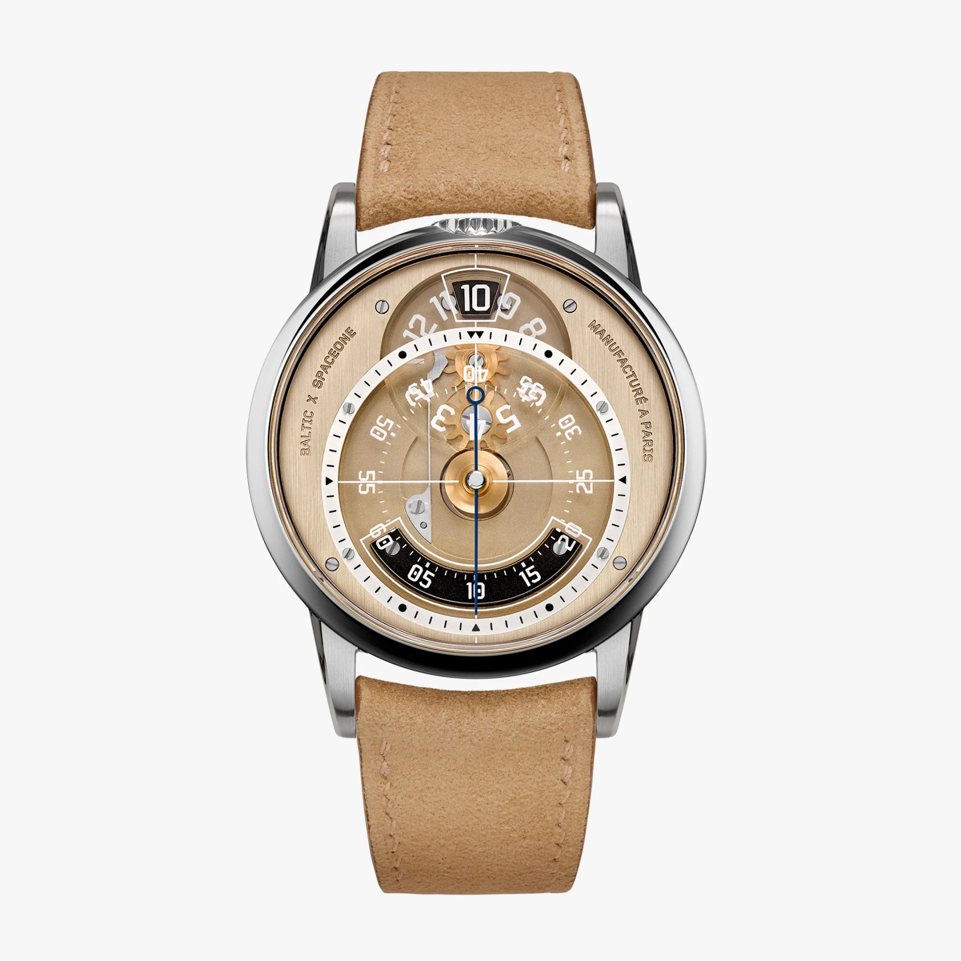 Round wristwatch with a beige dial, visible gears, black and white time indicators, and a tan leather strap.