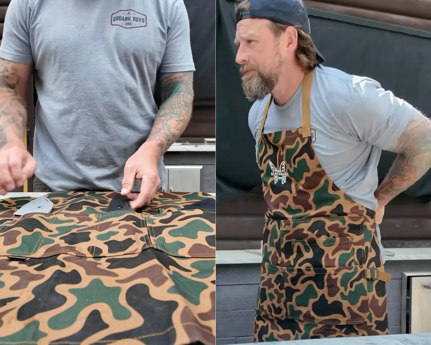 Left: Person in a gray "Groark Boys BBQ" t-shirt placing knives into pockets of a brown, green, and black camouflage apron. Right: Person wearing the same apron and t-shirt, with a backward black cap.