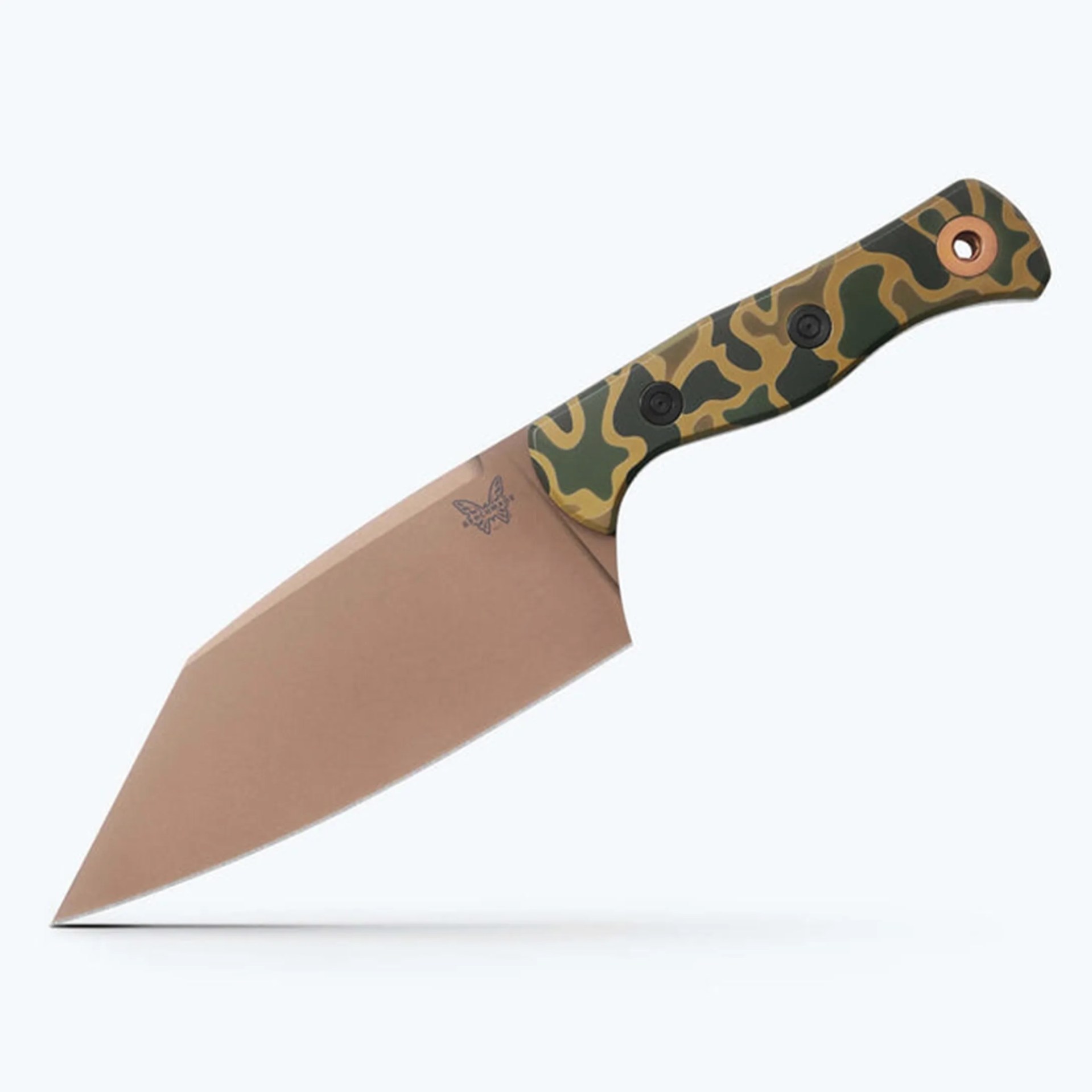 Knife with a tan blade and camouflage-patterned handle with black screws and a copper ring near the end.