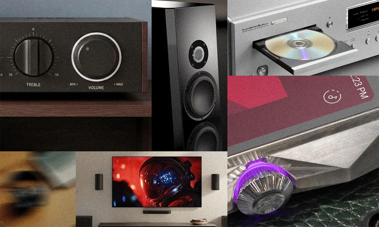 Collage of audio equipment including a treble and volume control, a speaker, a CD player with a disc, a TV displaying an astronaut, and a close-up of a metallic knob with a purple ring.