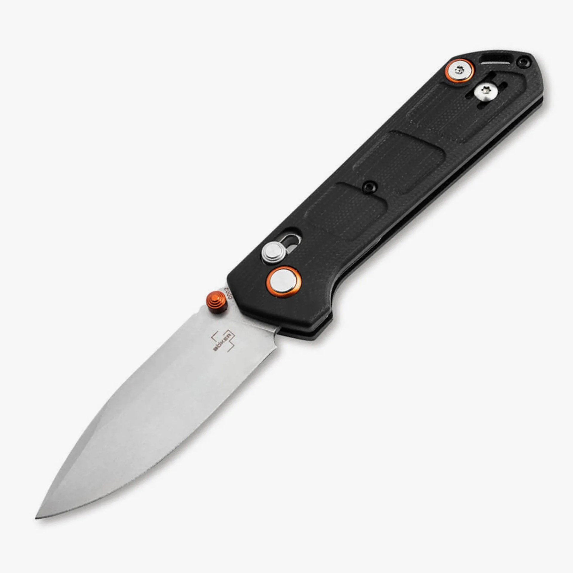 Folding knife with a black textured handle and a silver blade featuring orange accents near the pivot.