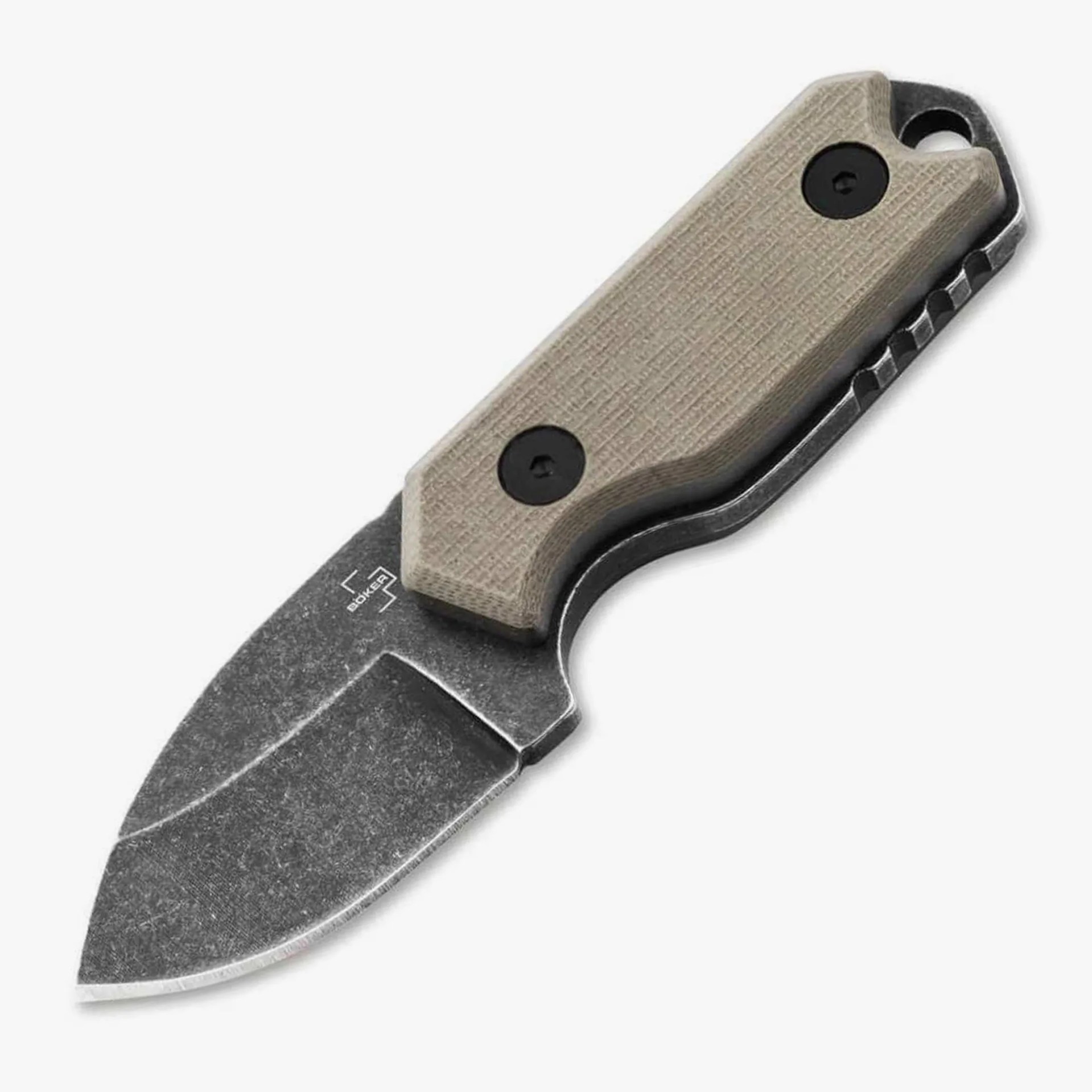 Knife with a textured beige handle and a stonewashed, black blade marked with the Boker logo.