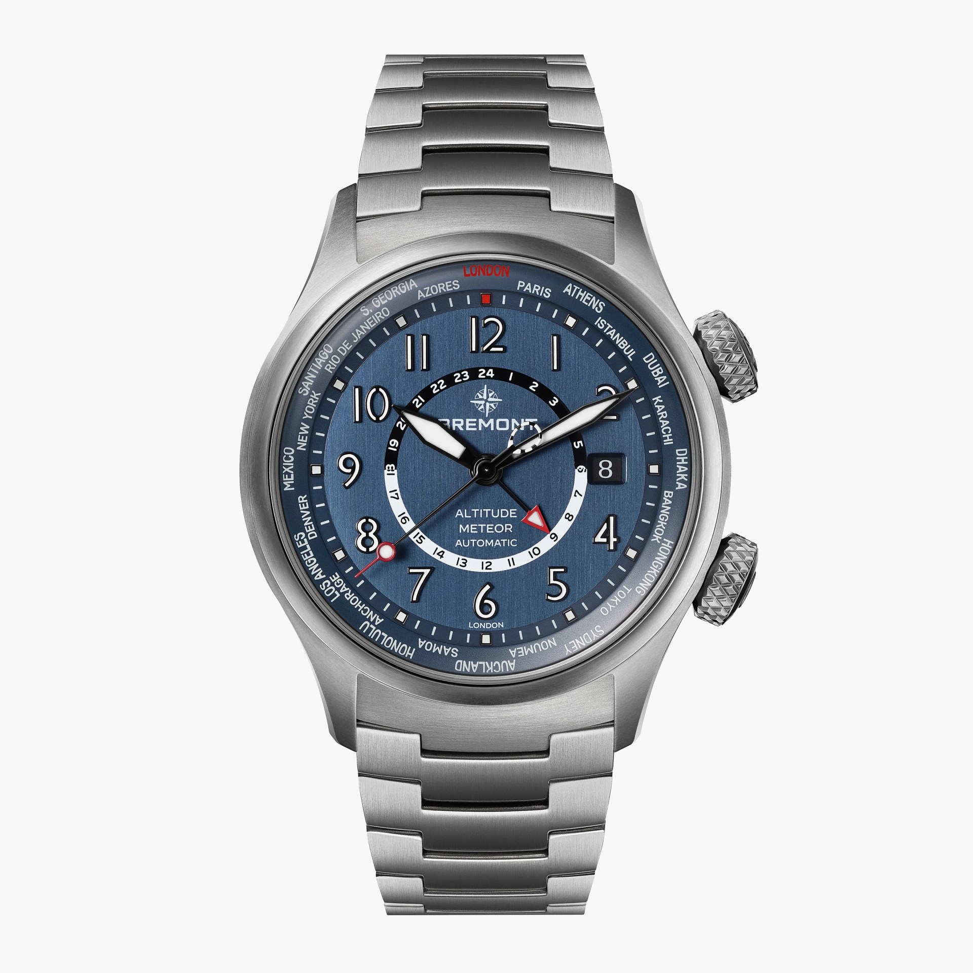Stainless steel Bremont Altitude Meteor automatic watch with blue dial and world time cities ring.