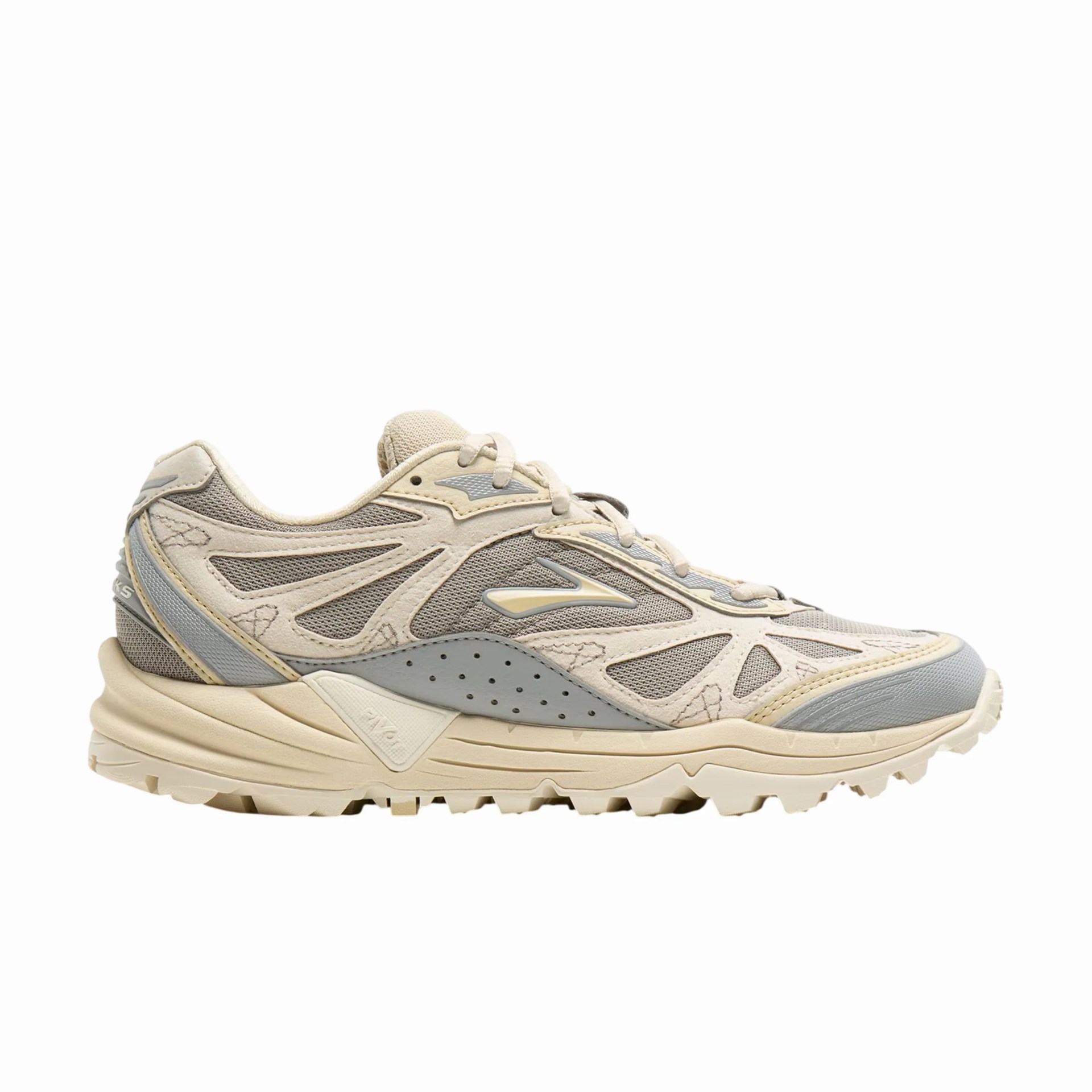 Beige and gray mesh and suede athletic sneaker with thick sole and lace-up closure.