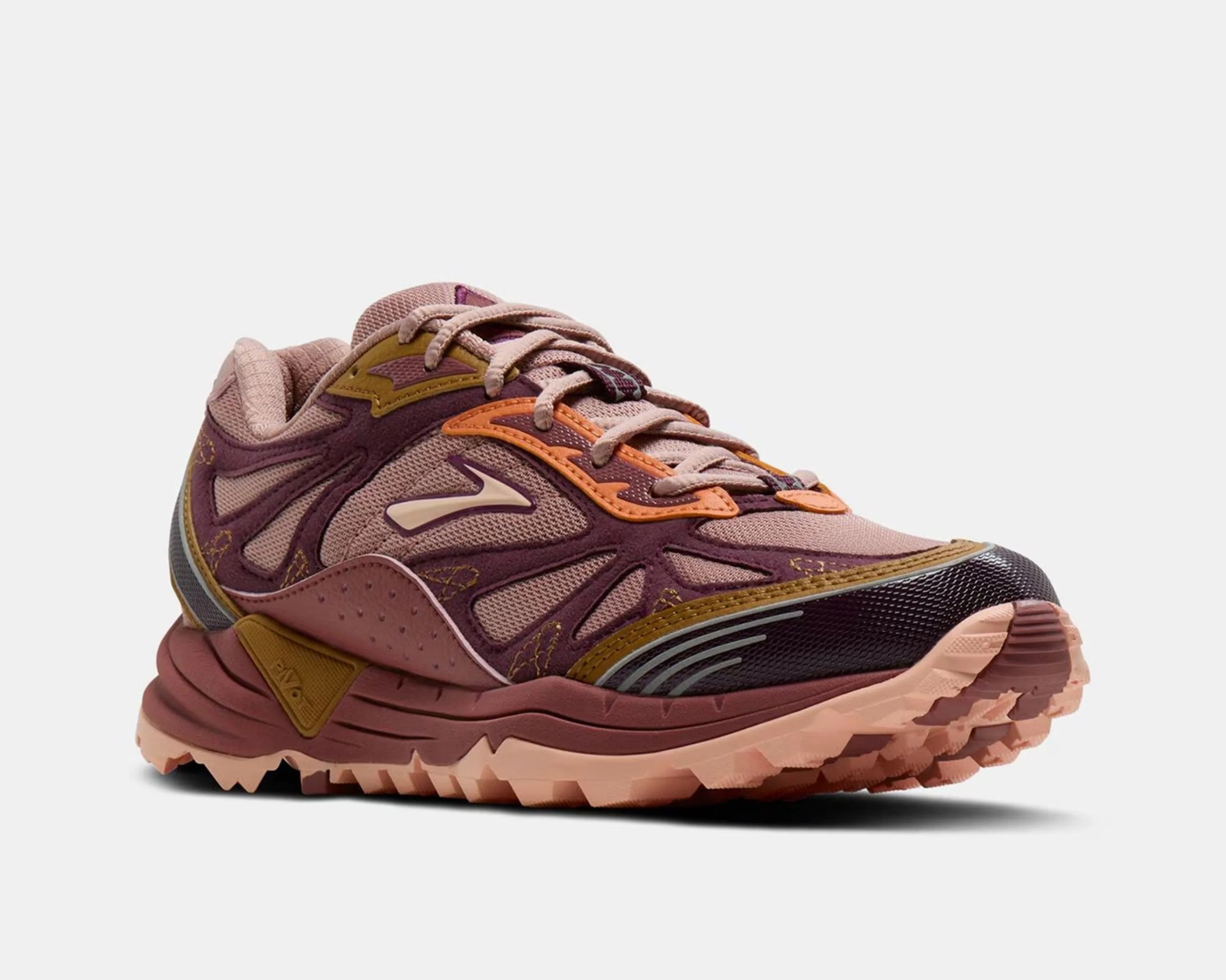 Chunky trail running shoe in shades of mauve, purple, orange, and mustard with textured sole and mesh upper.