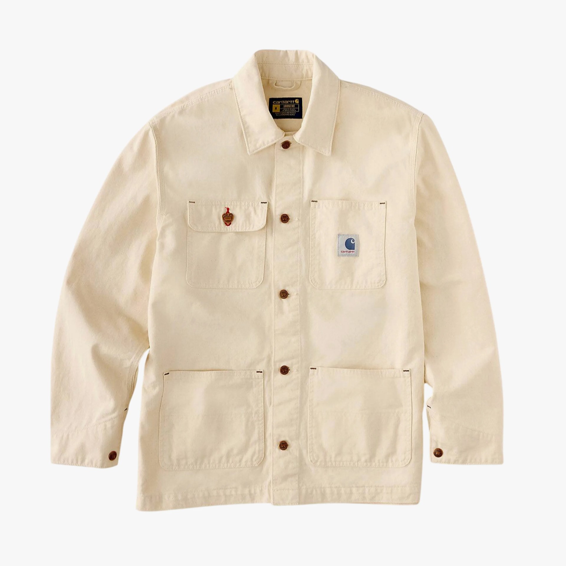 Beige Carhartt work jacket with button front and four front pockets, two chest and two lower pockets.