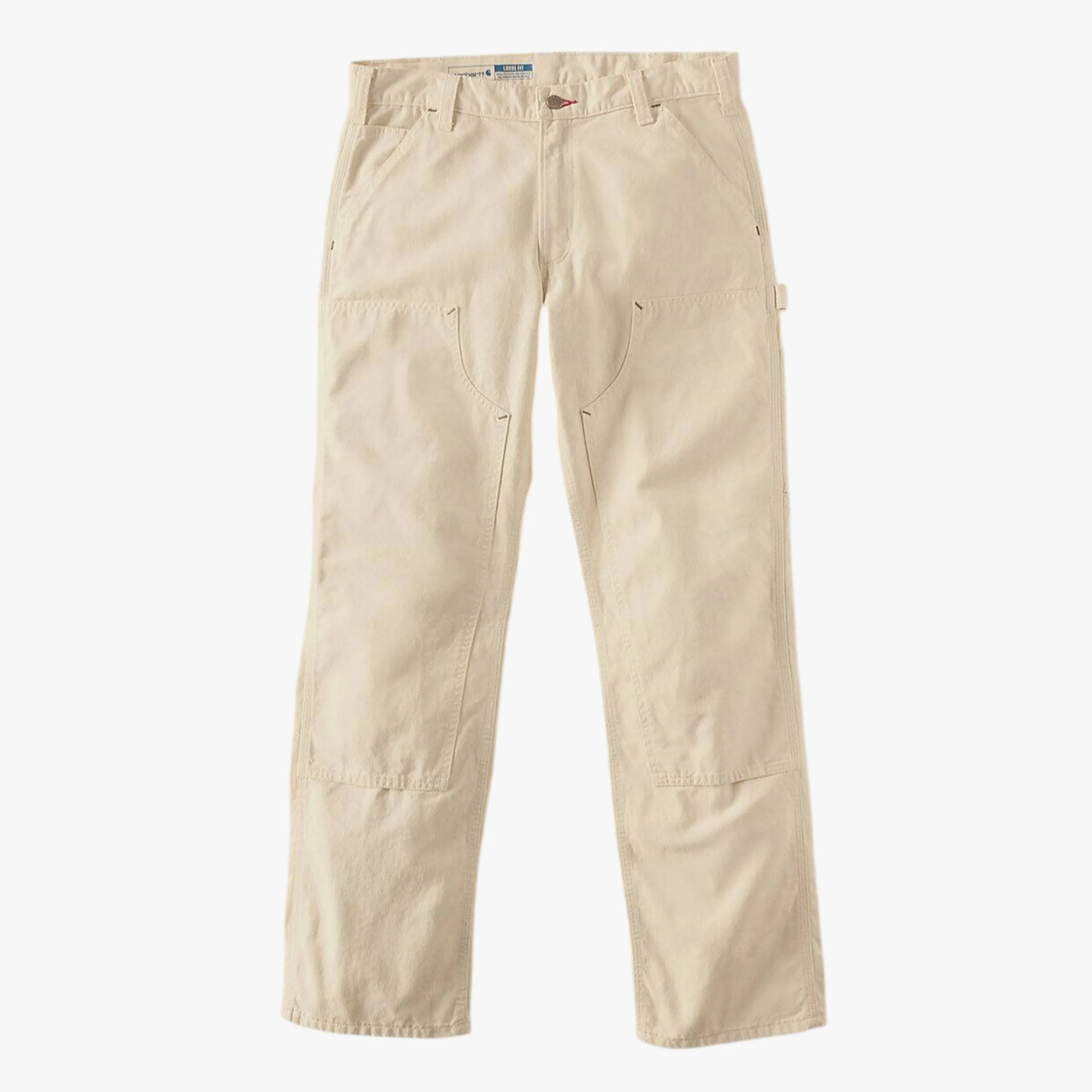 Beige loose-fit pants with reinforced knee patches and front pockets.