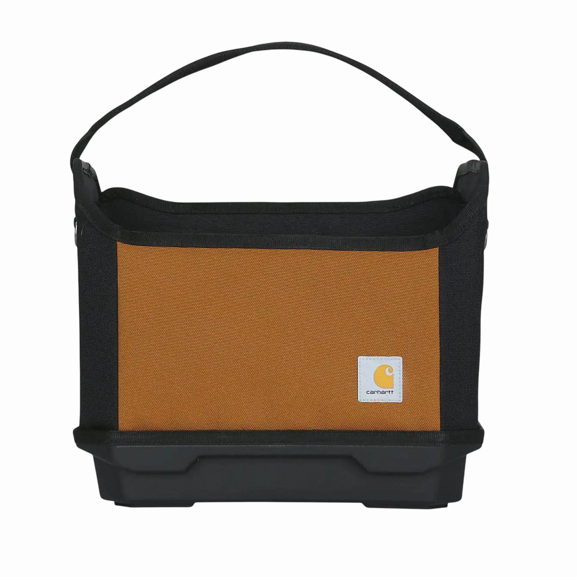 Brown and black Carhartt tote bag with a black handle and a plastic base.