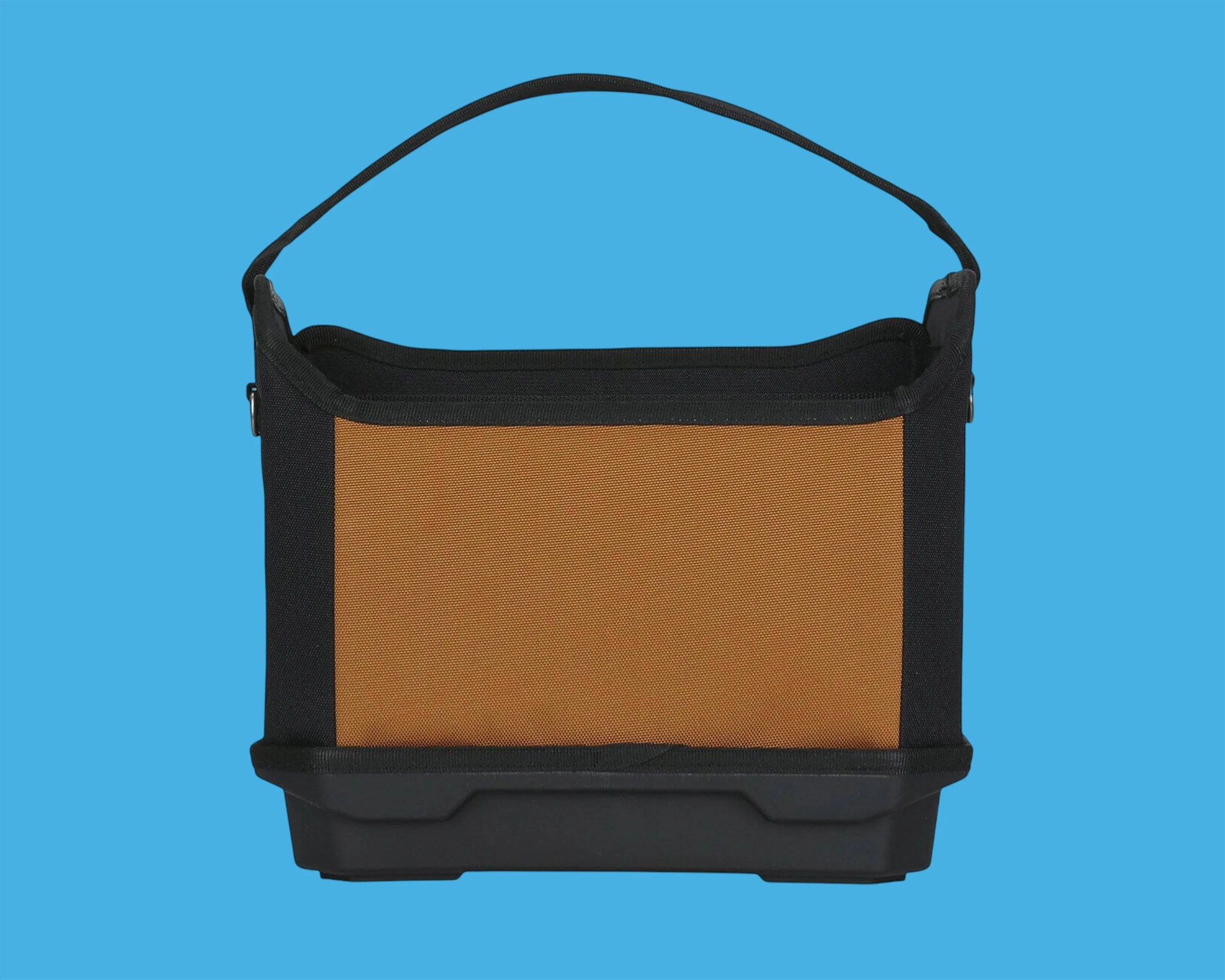 Brown and black fabric tote bag with a black handle against a blue background.