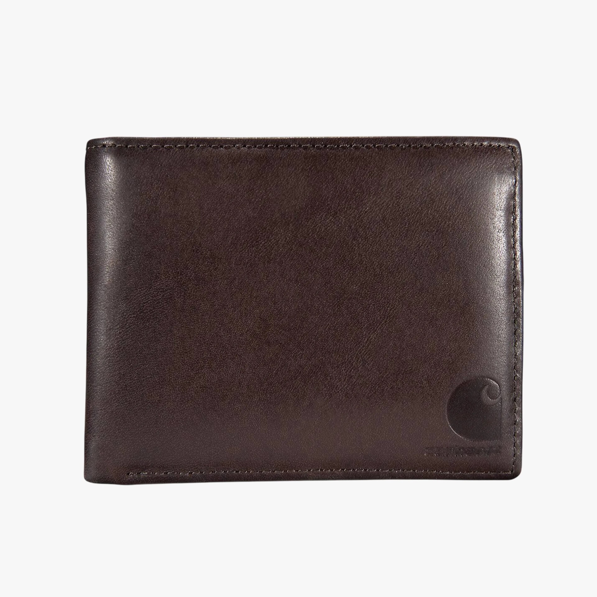 Dark brown leather bifold wallet with embossed logo on bottom right corner.