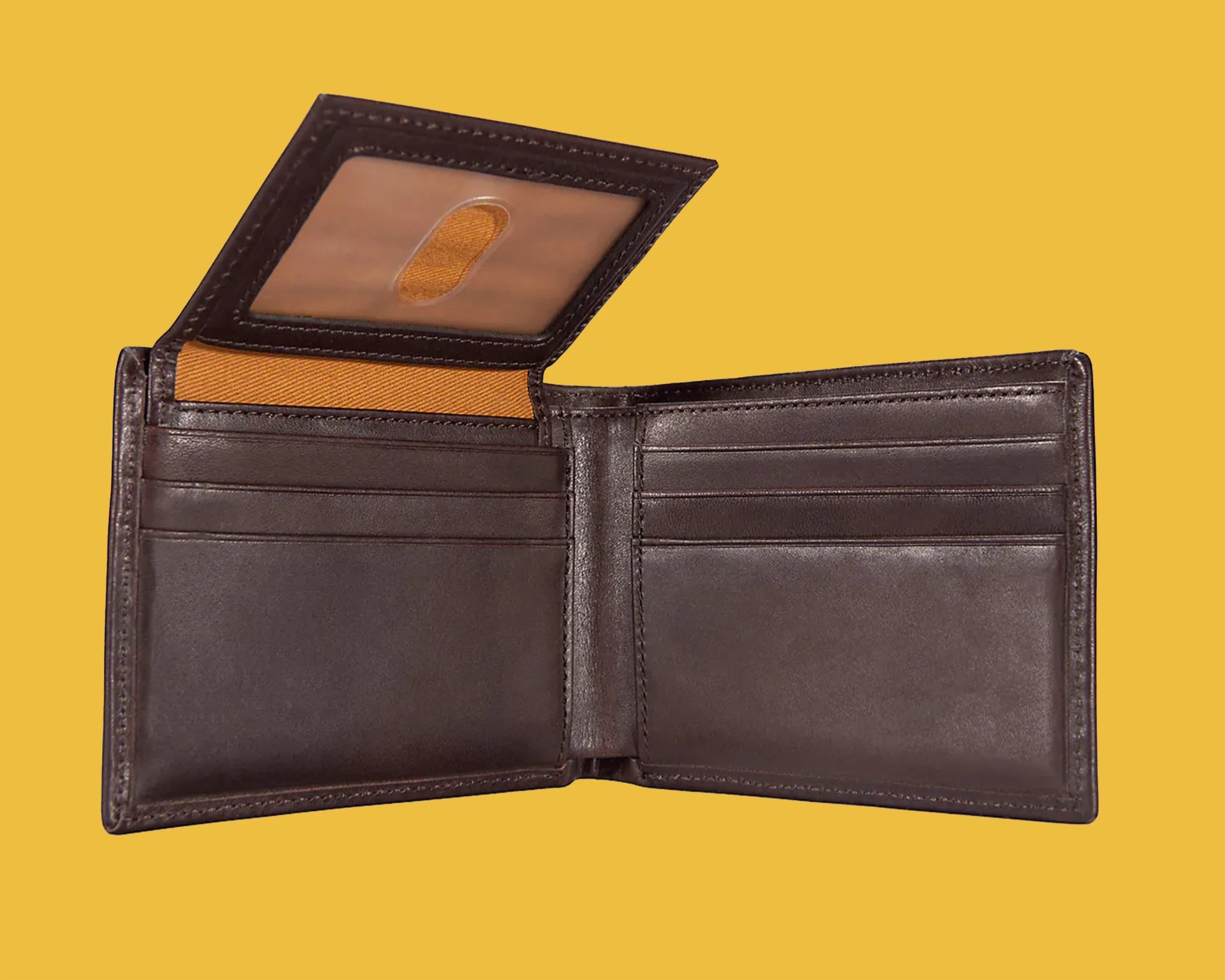 Dark brown leather bifold wallet open to show multiple card slots and a transparent ID window with a thumb cutout.