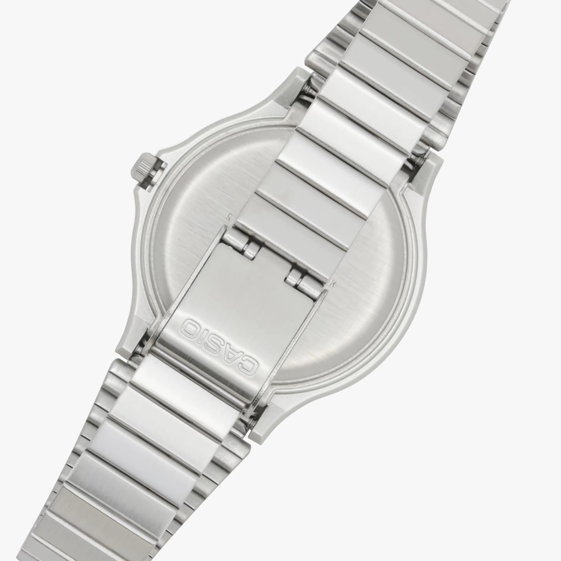 Silver stainless steel Casio watch band and back case with clasp and crown on a white background.