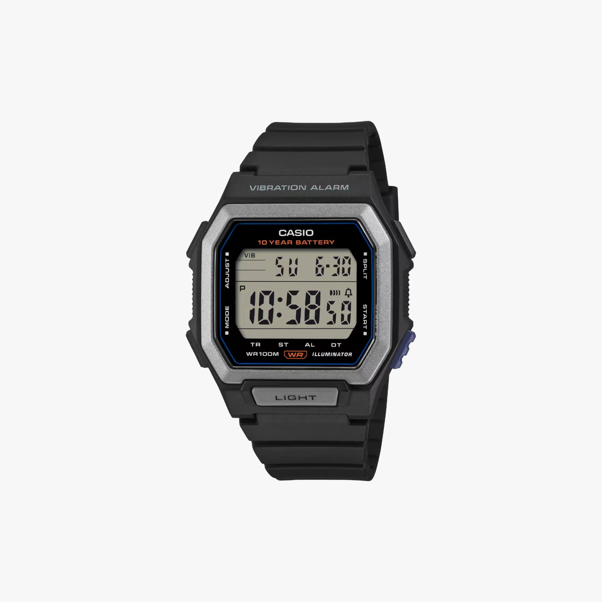 Digital Casio watch with black resin strap, rectangular silver-tone case, and vibration alarm display.