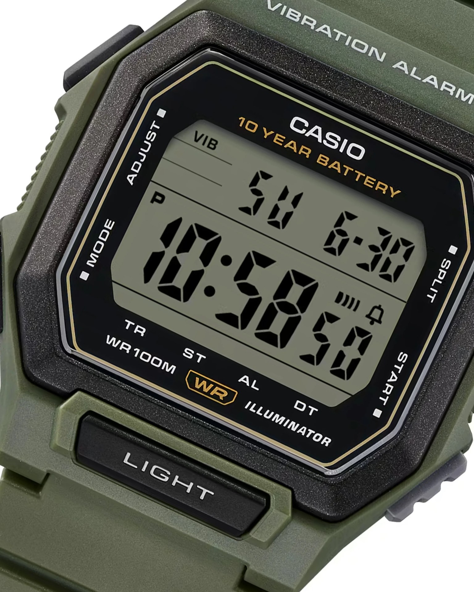 Digital Casio watch with green resin case, black bezel, and display showing time and date.