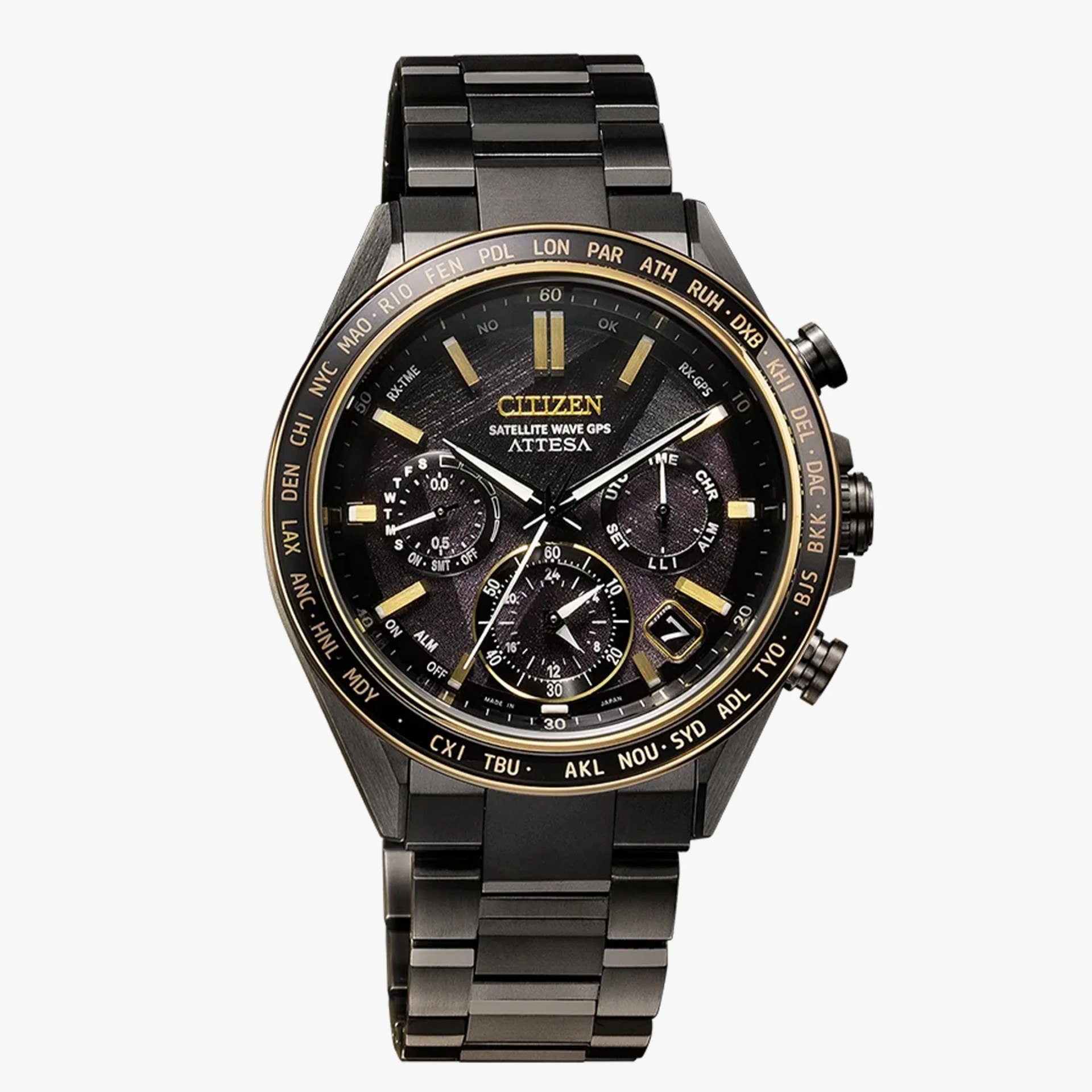 Black and gold Citizen Attesa Satellite Wave GPS wristwatch with multiple dials and a metal link bracelet.