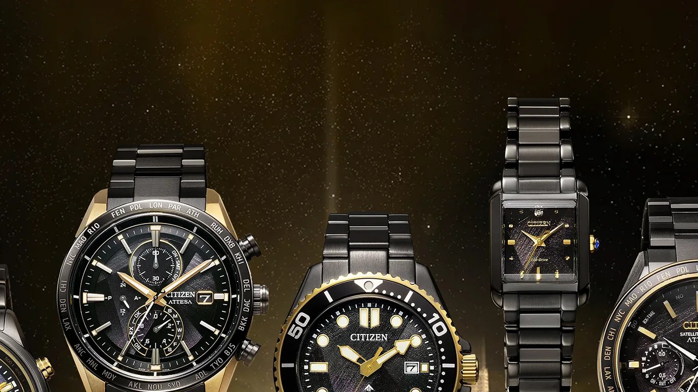 Five black Citizen wristwatches with gold accents displayed against a dark starry background.