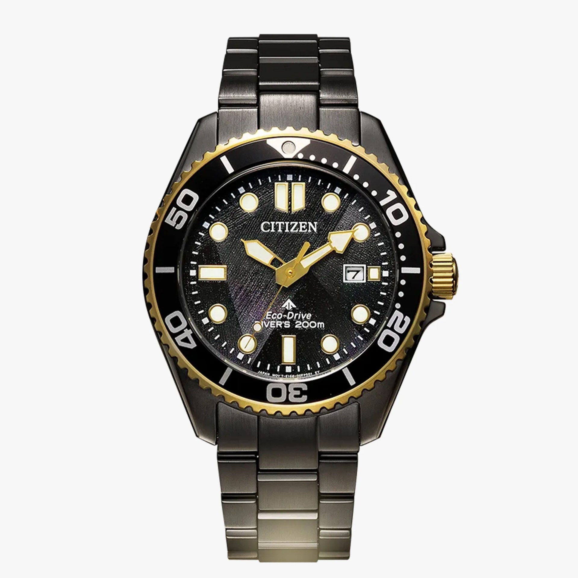 Black and gold Citizen Eco-Drive diver's watch with metal link bracelet and date display.