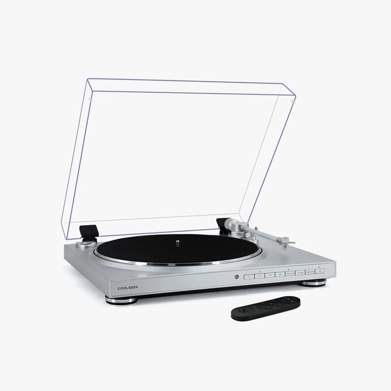 Silver CoolGeek turntable with black platter and transparent dust cover open, accompanied by a black remote control.