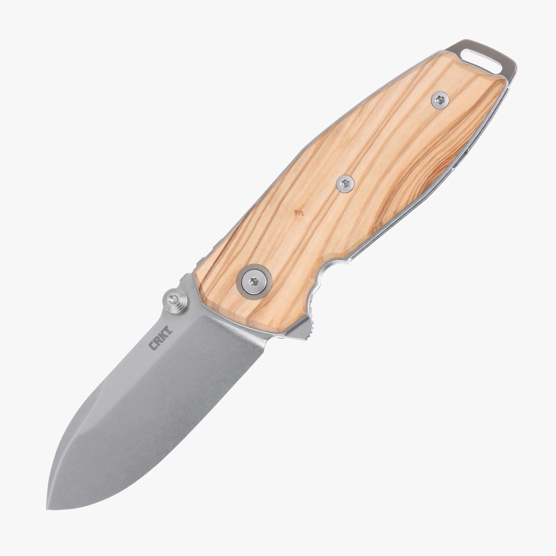 Folding knife with a stonewashed blade and light wood handle secured by metal screws.