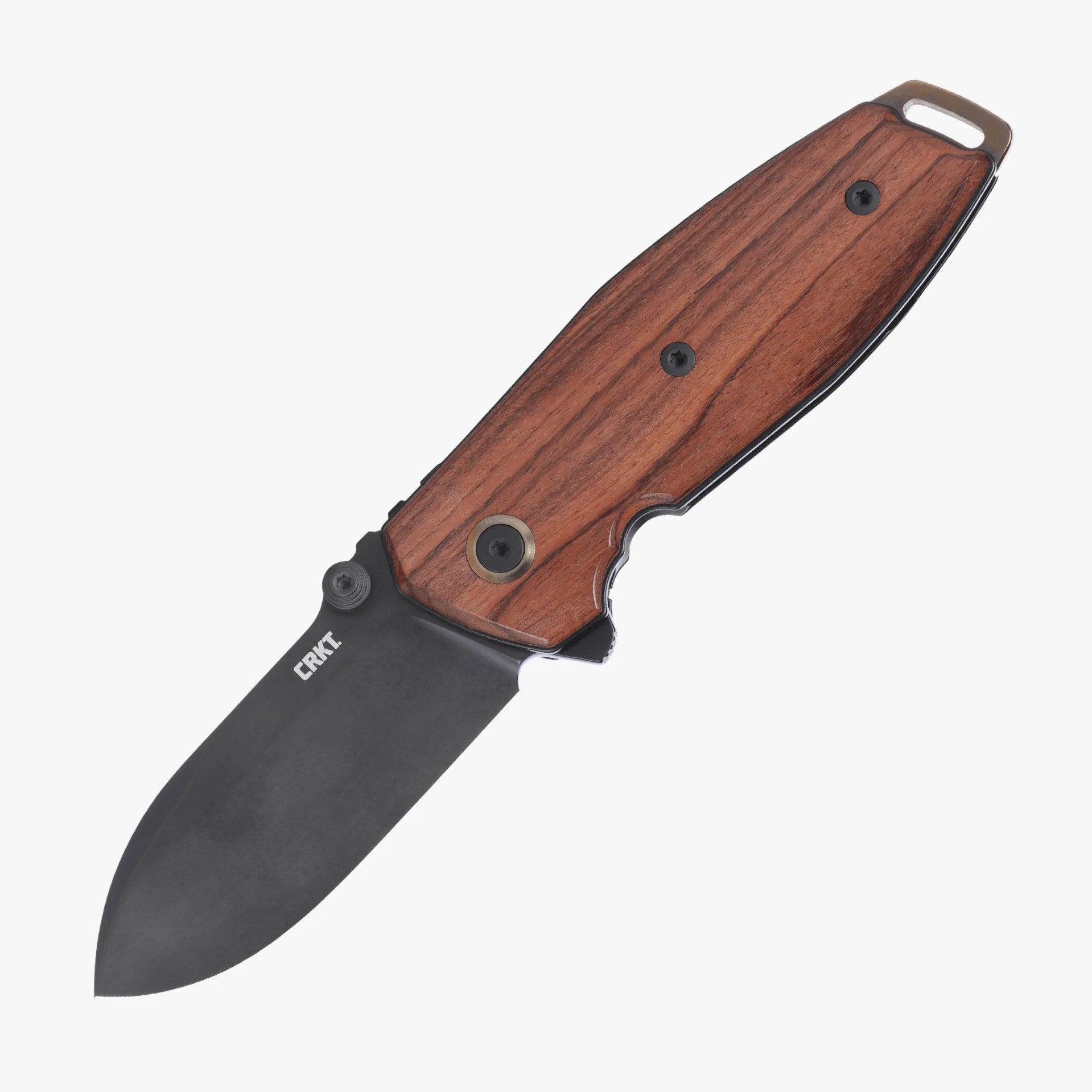 Black folding knife blade with wooden handle and metal screws, partially open.