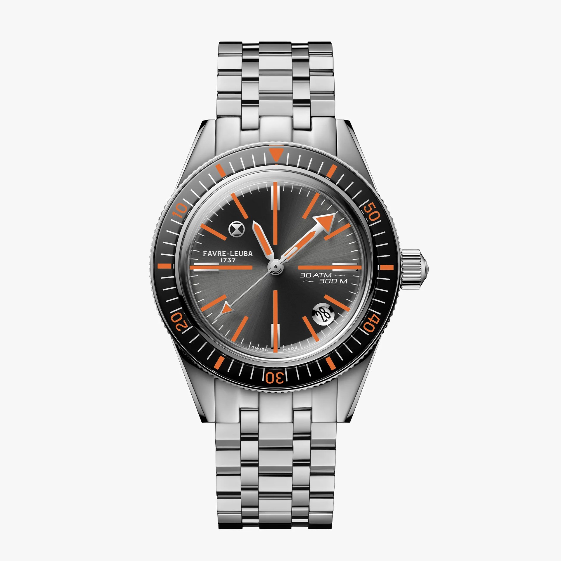 Stainless steel dive watch with black and orange bezel, gray dial, orange markers, and metal link bracelet.