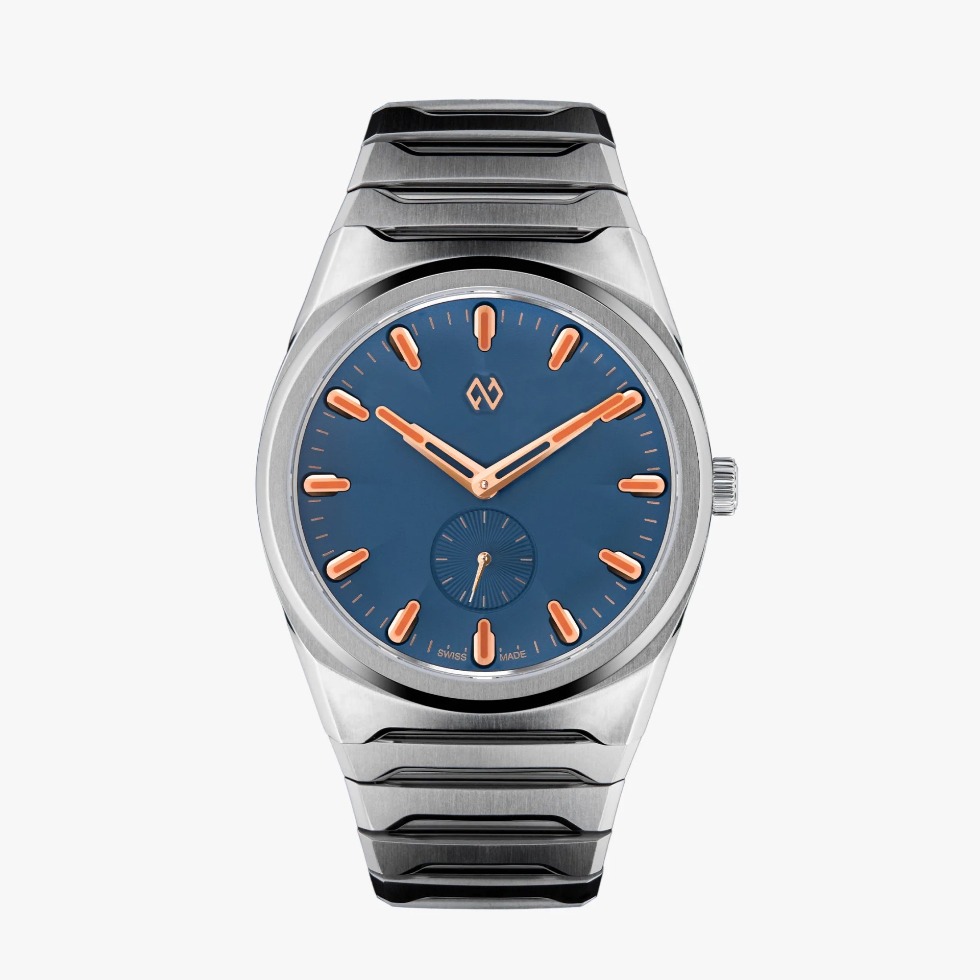 titanium wristwatch with blue dial and orange hour markers and hands on a matching metal bracelet.