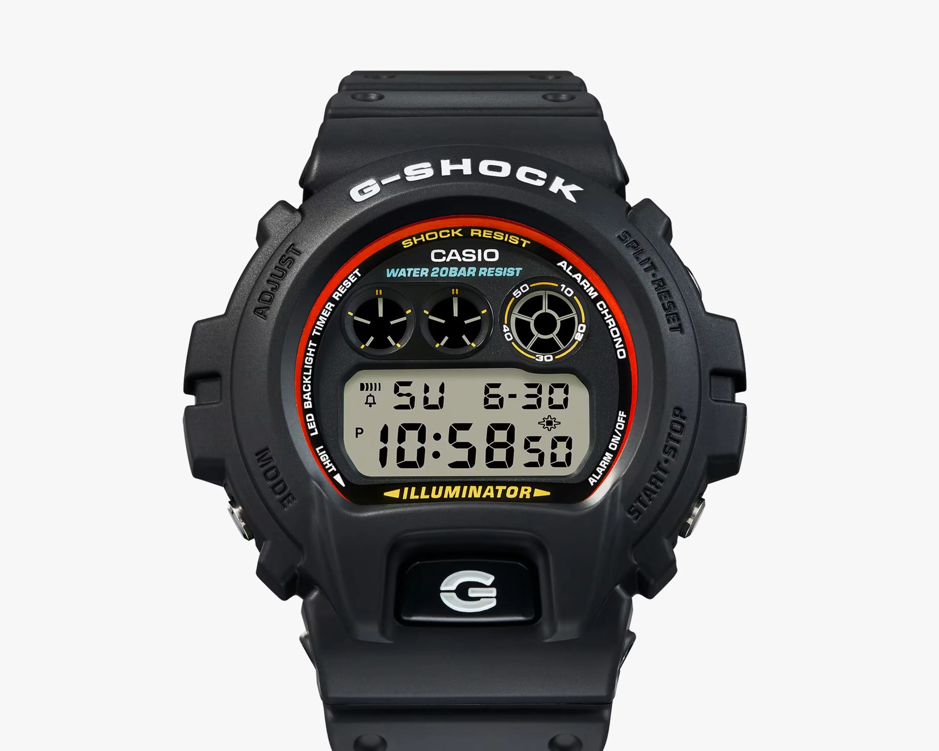 Black Casio G-Shock digital watch with round face, red and yellow accents, and black resin strap.