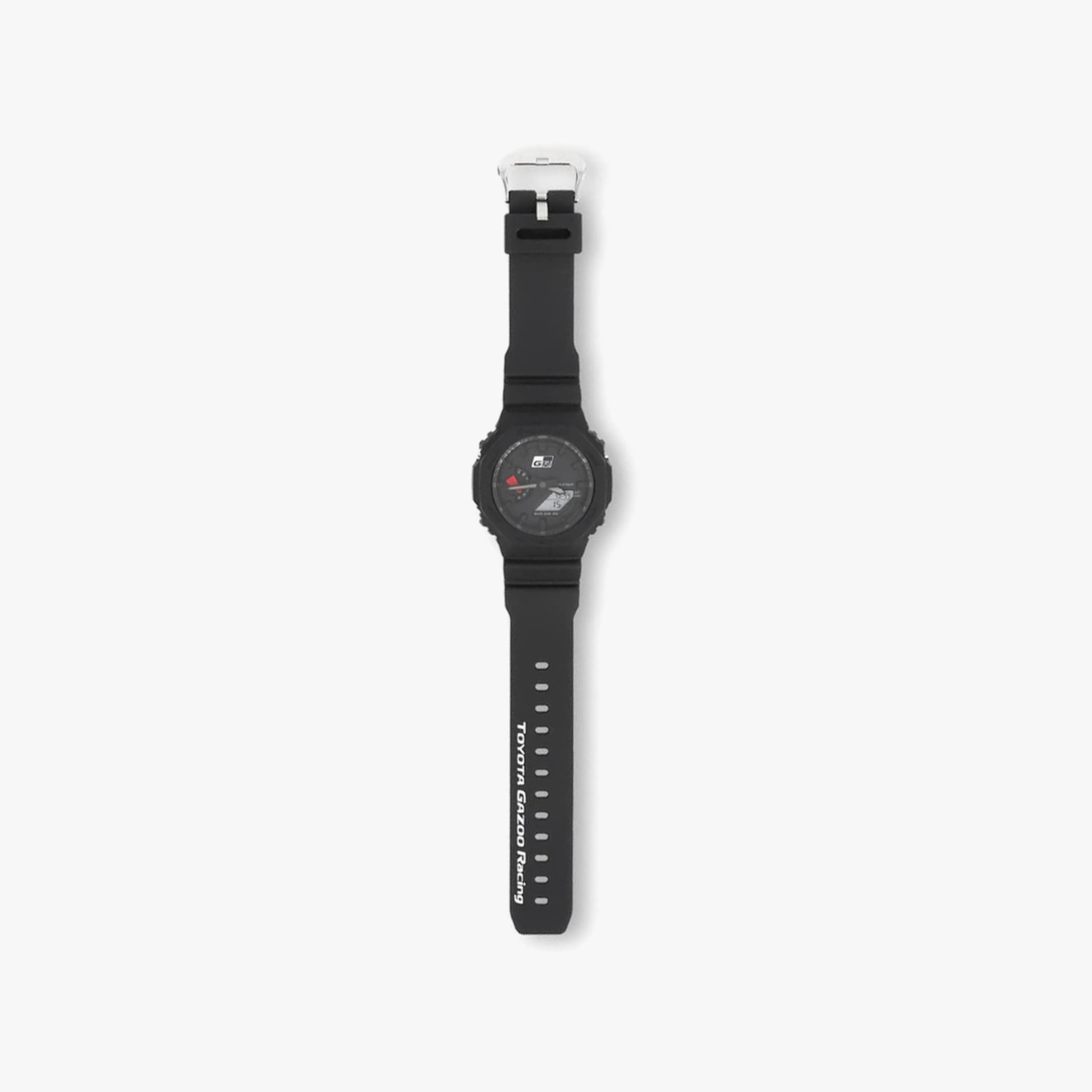 Black digital sports watch with a black rubber strap and "TOYOTA GAZOO Racing" text on the band.